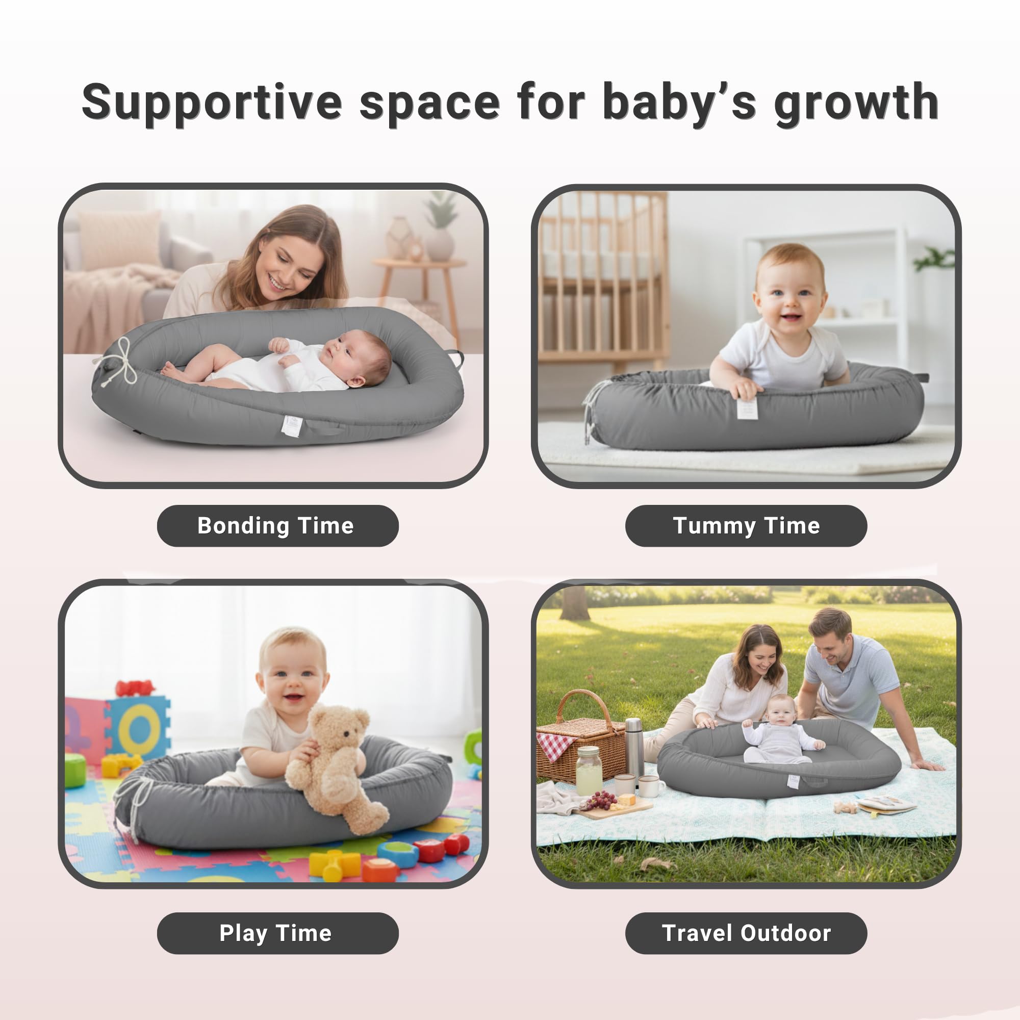 Cute Cuddles tummy-time friendly lounger supports gentle play and cuddles.