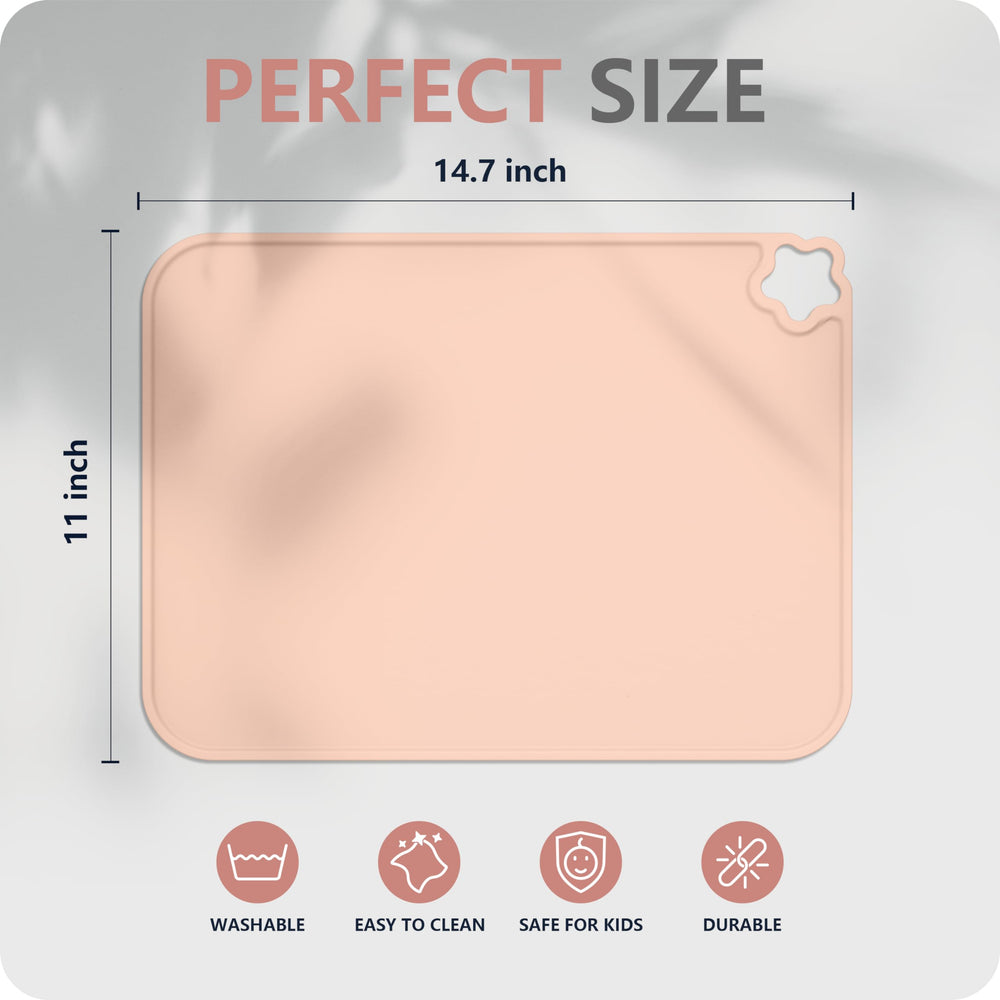 Cutebe silicone placemat with raised edge demonstrates spill containment during meals.