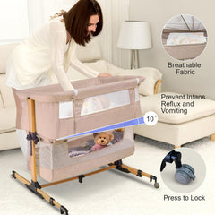 cutebeams baby bassinet shows 5-height adjustable feature for various bed heights.