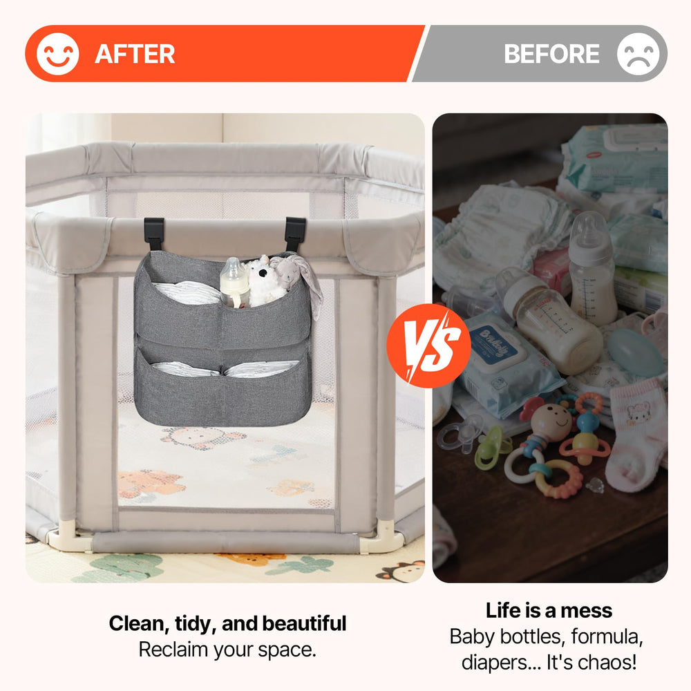 Cutebeams diaper caddy mounted at bassinet for essential items at hand