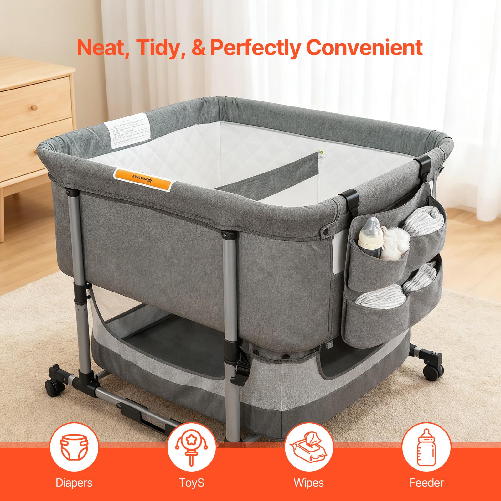 Cutebeams diaper caddy closeup highlighting four deep pockets for sorting