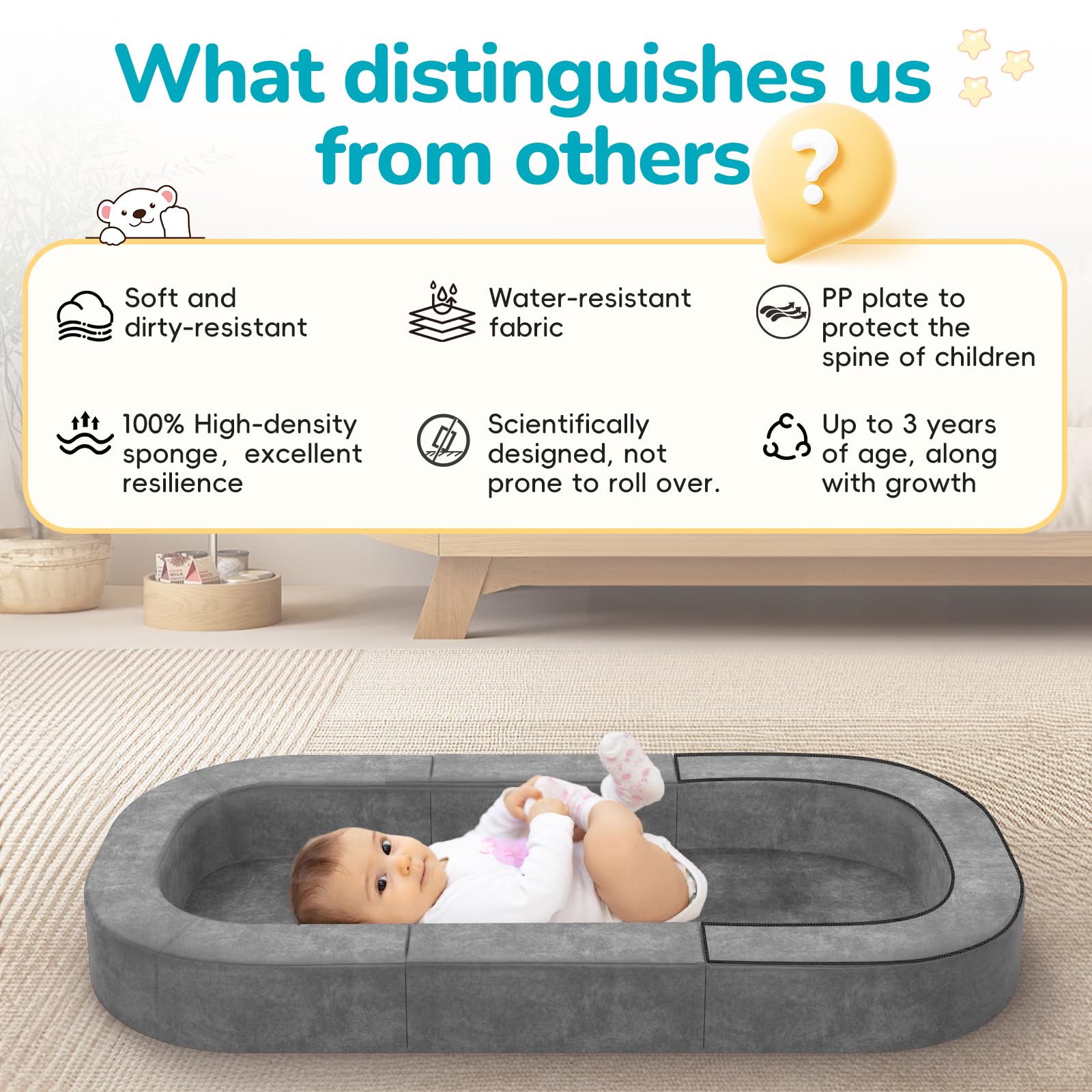 Cutebeams mattress detail shows 1.18-inch thickness and breathable surface.