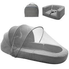 Cutebeams travel bed with canopy open for safe on-the-go naps.