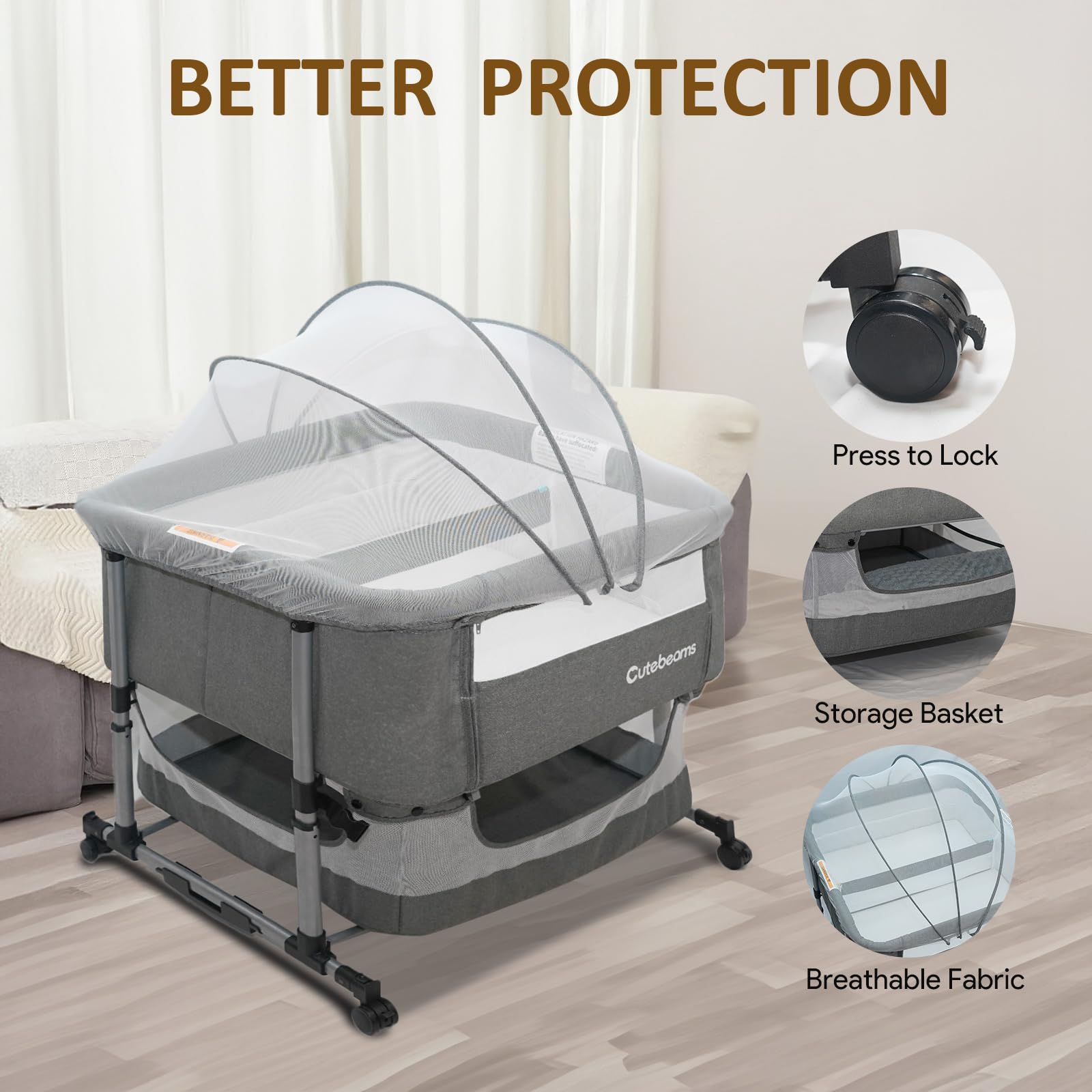 Cutebeams Twin Bassinet with breathable mesh sides for airflow and visibility