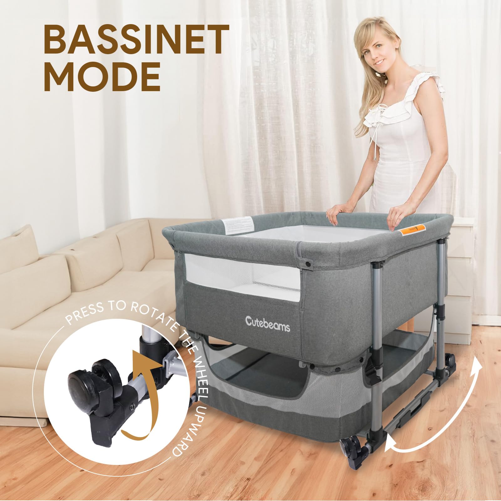 Cutebeams Twin Bassinet with wheels and storage basket for mobile baby care