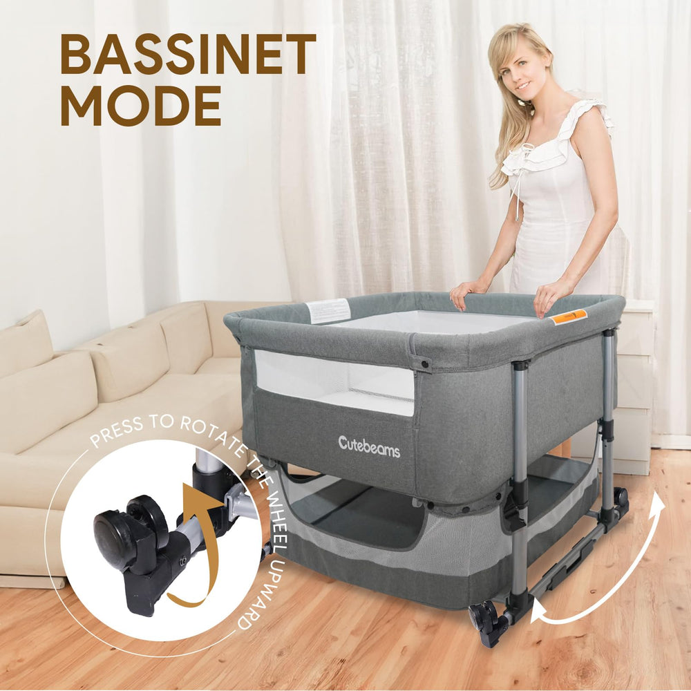 Cutebeams Twin Bassinet with wheels and storage basket for mobile baby care