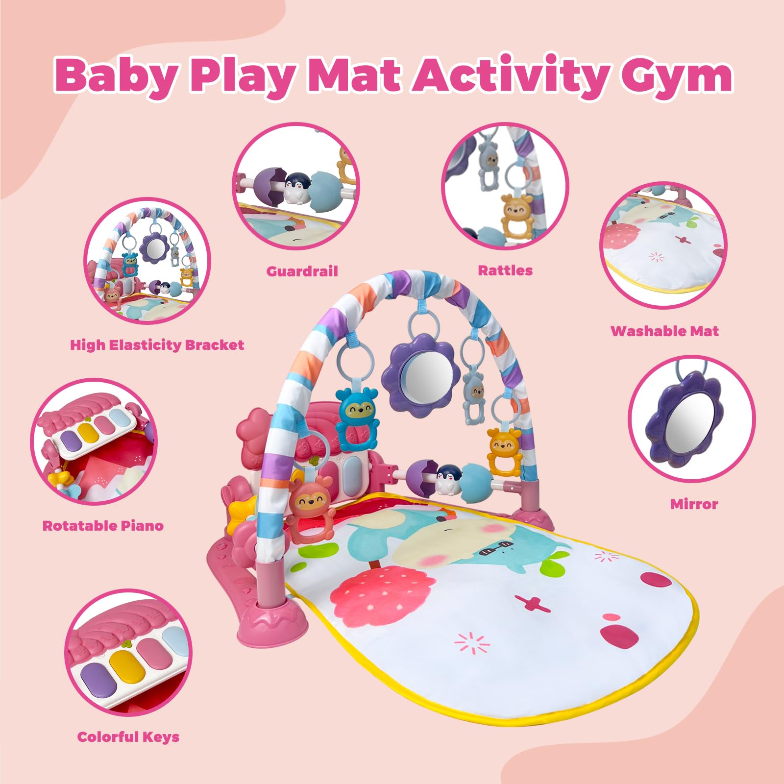 Detachable animal rattles on the Cuterabit gym encourage grasping and sound awareness
