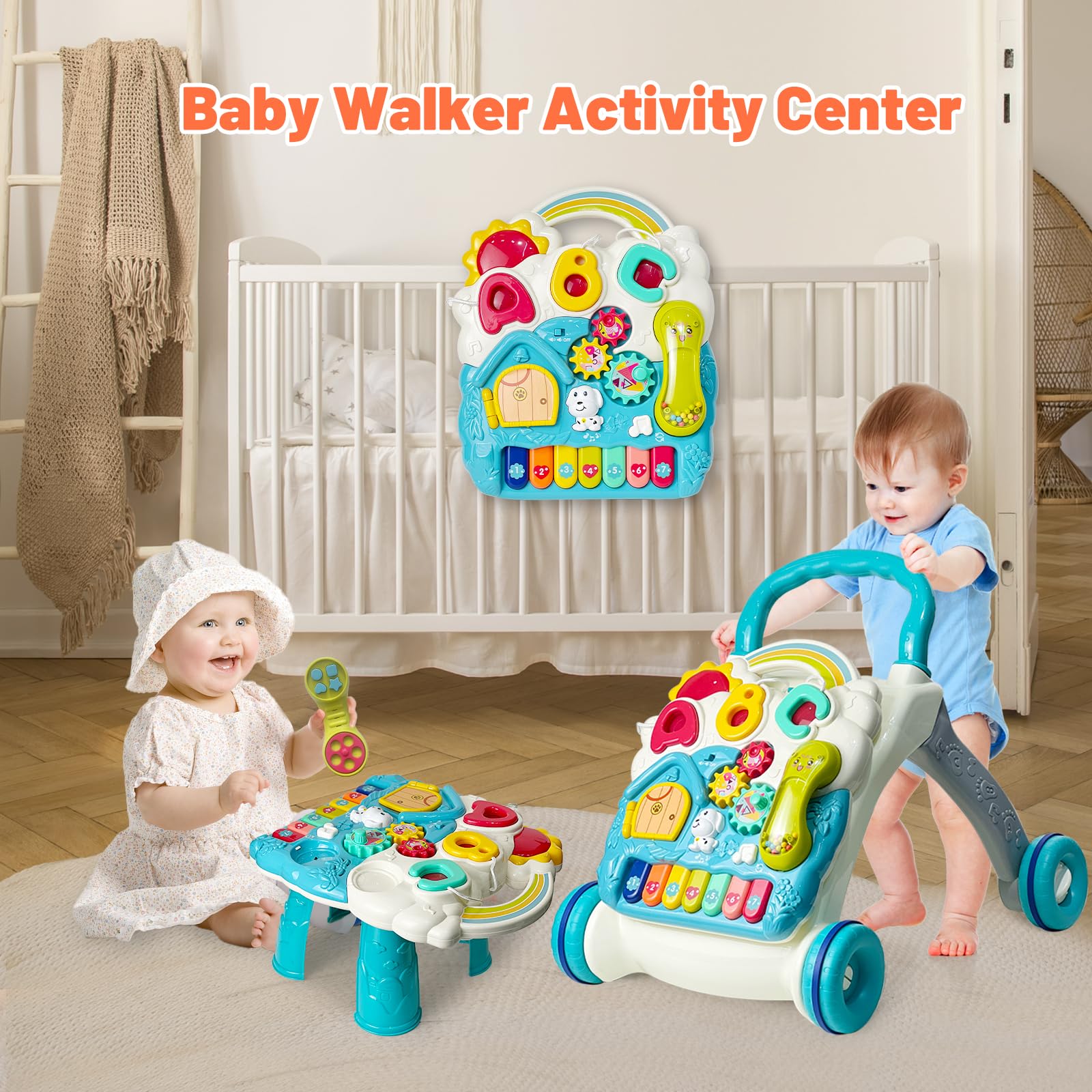 Cuterabit sit-to-stand baby walker blue side view demonstrates stable push-assisted walking.