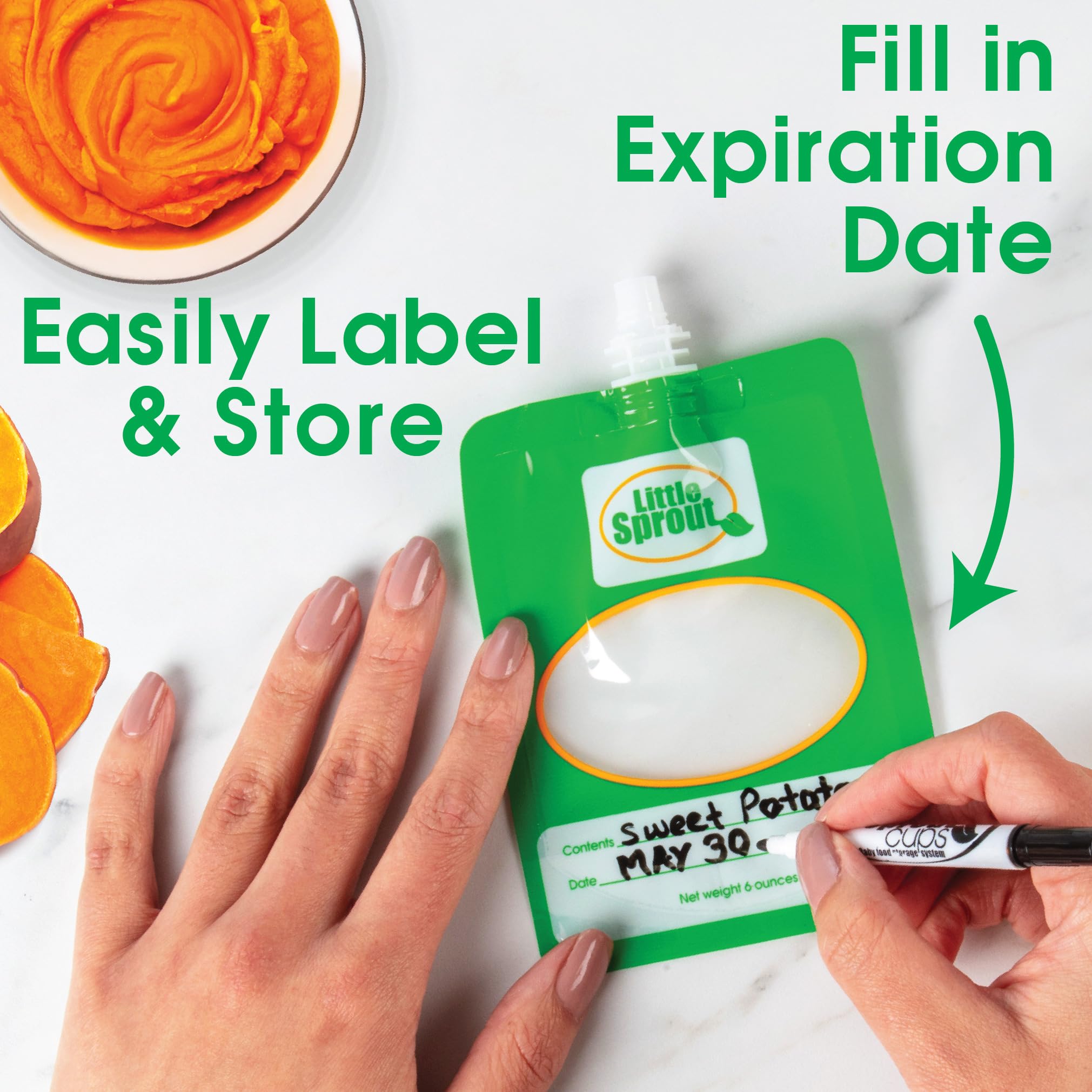CUTICATE 6oz pouch in use during feeding on the go.