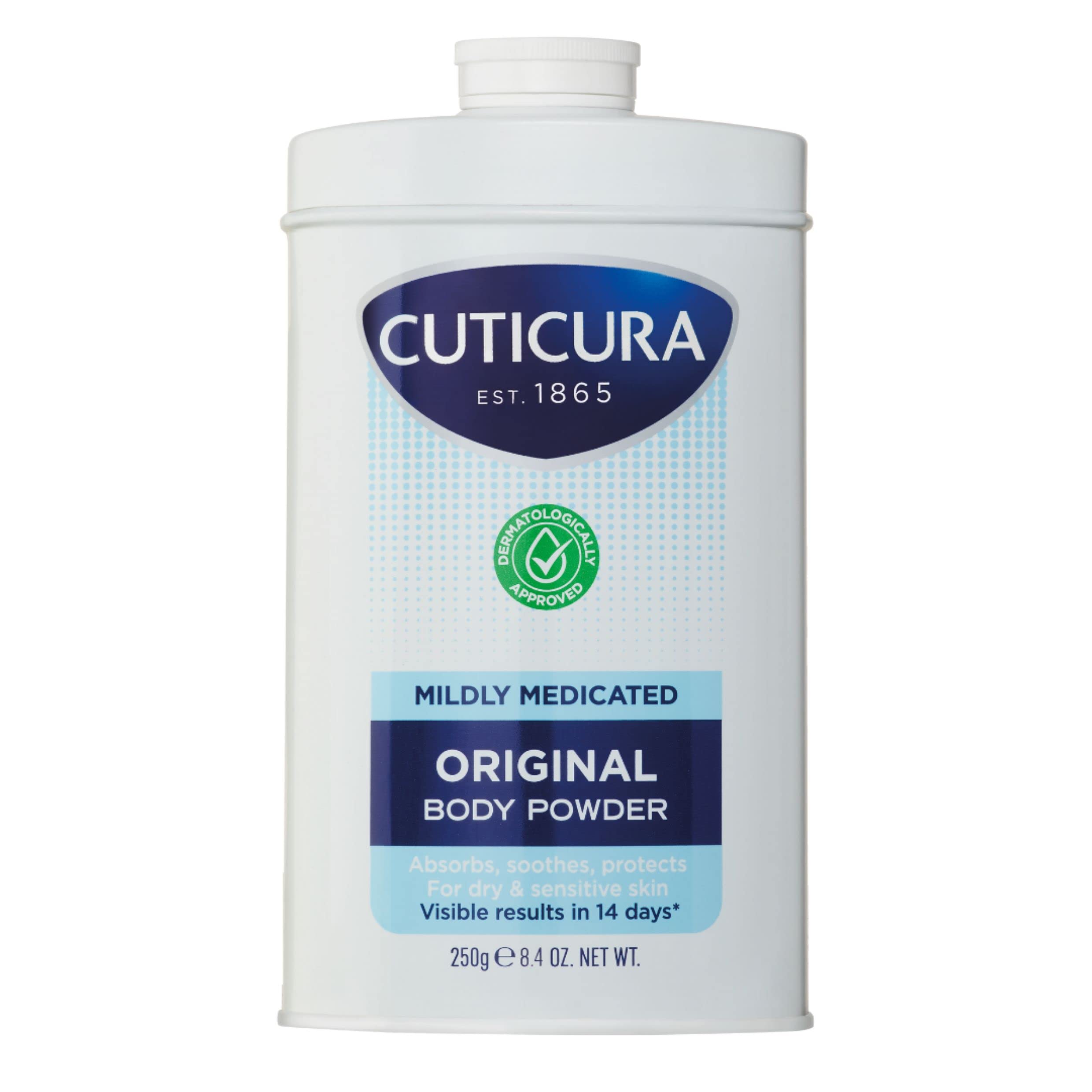 Cuticura Mildly Medicated Talc with Allantoin soothing minor irritations and heat rash.