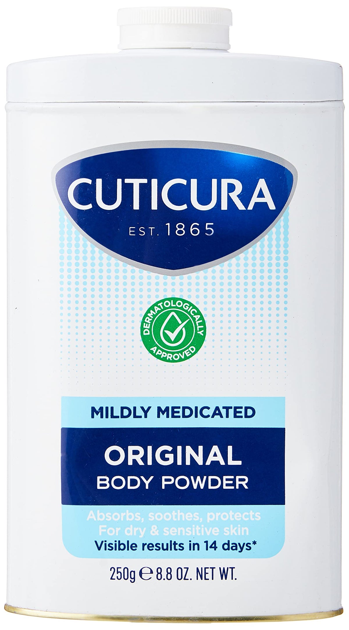Cuticura Mildly Medicated Talc bottle close-up for smooth powder application and care.