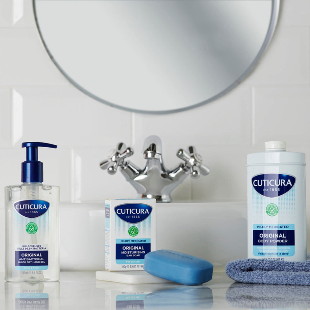 Cuticura Mildly Medicated Talc packaging shown for easy storage and daily use.