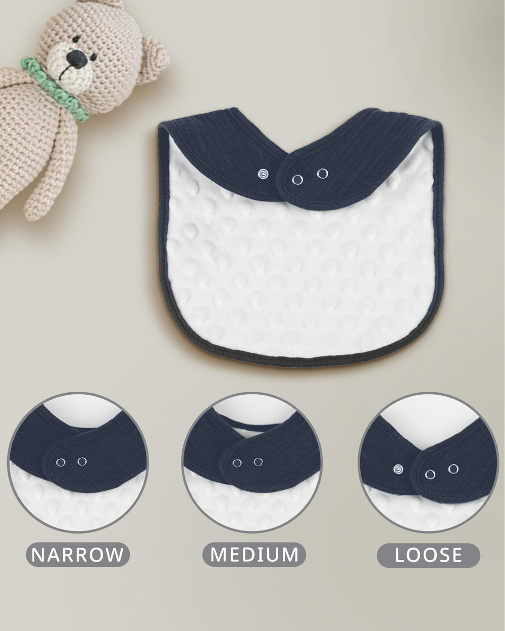Cutie Birdie blue-tones bibs arranged for stylish outfits and spill management.