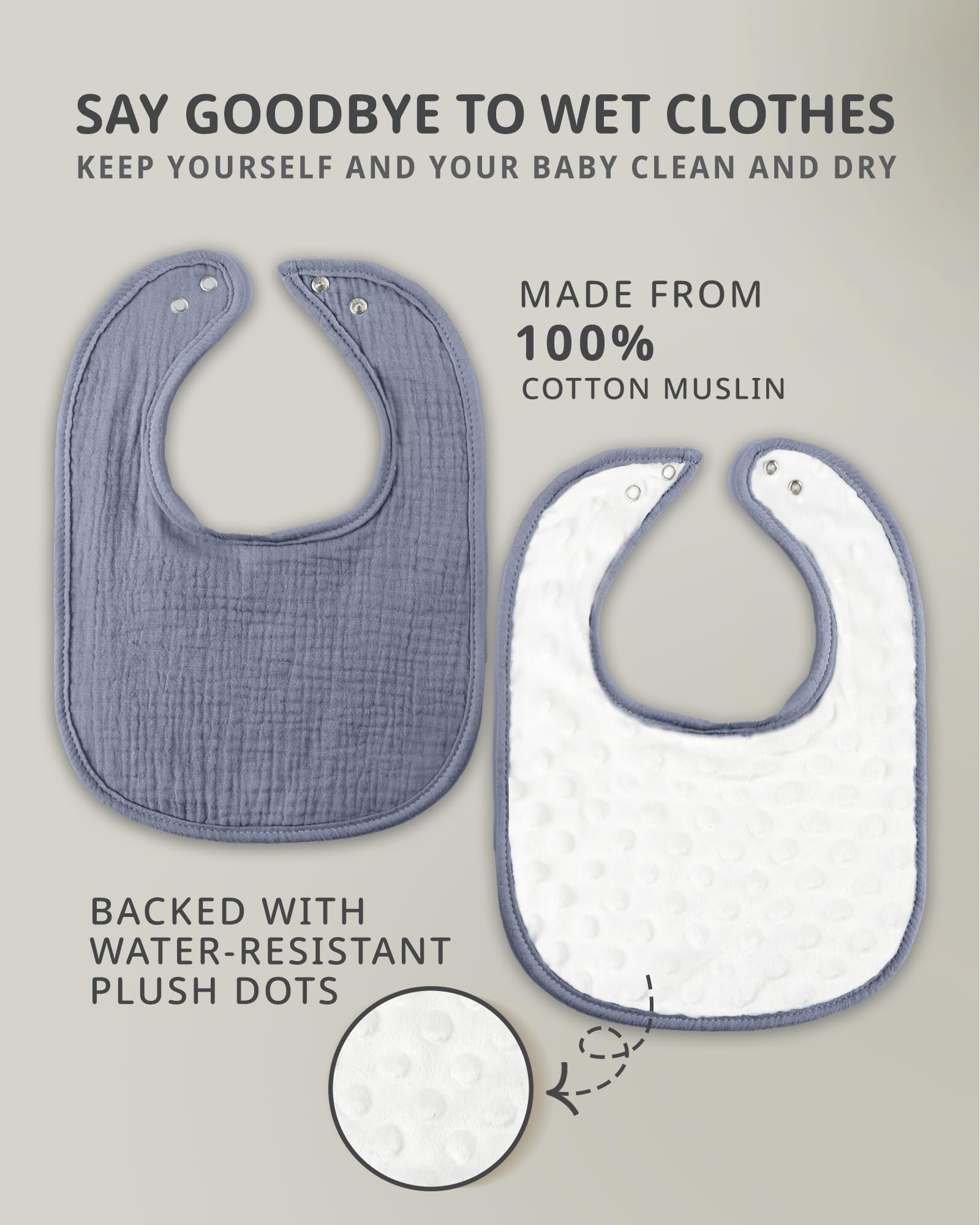 Cutie Birdie muslin baby bib back view showing plush velboa dots for comfort.