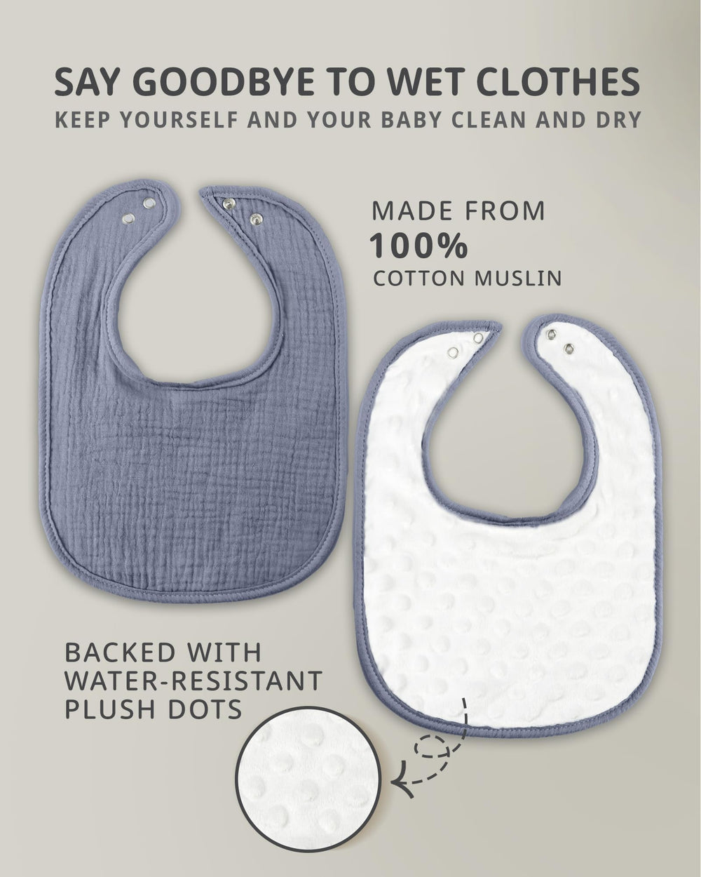Cutie Birdie muslin baby bib back view showing plush velboa dots for comfort.