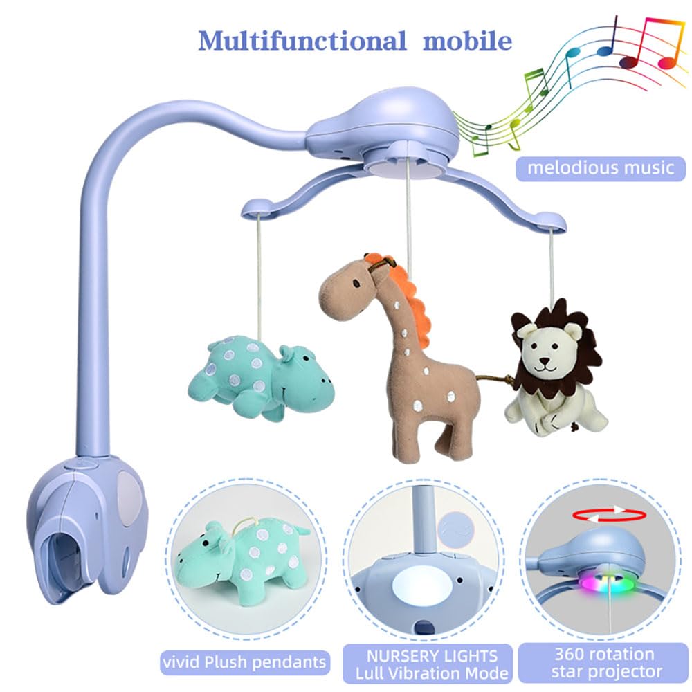 Cutie Pumpkin light-blue bassinet mobile sits beside crib for easy viewing.