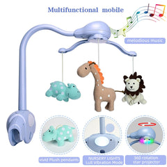 Cutie Pumpkin light-blue bassinet mobile sits beside crib for easy viewing.