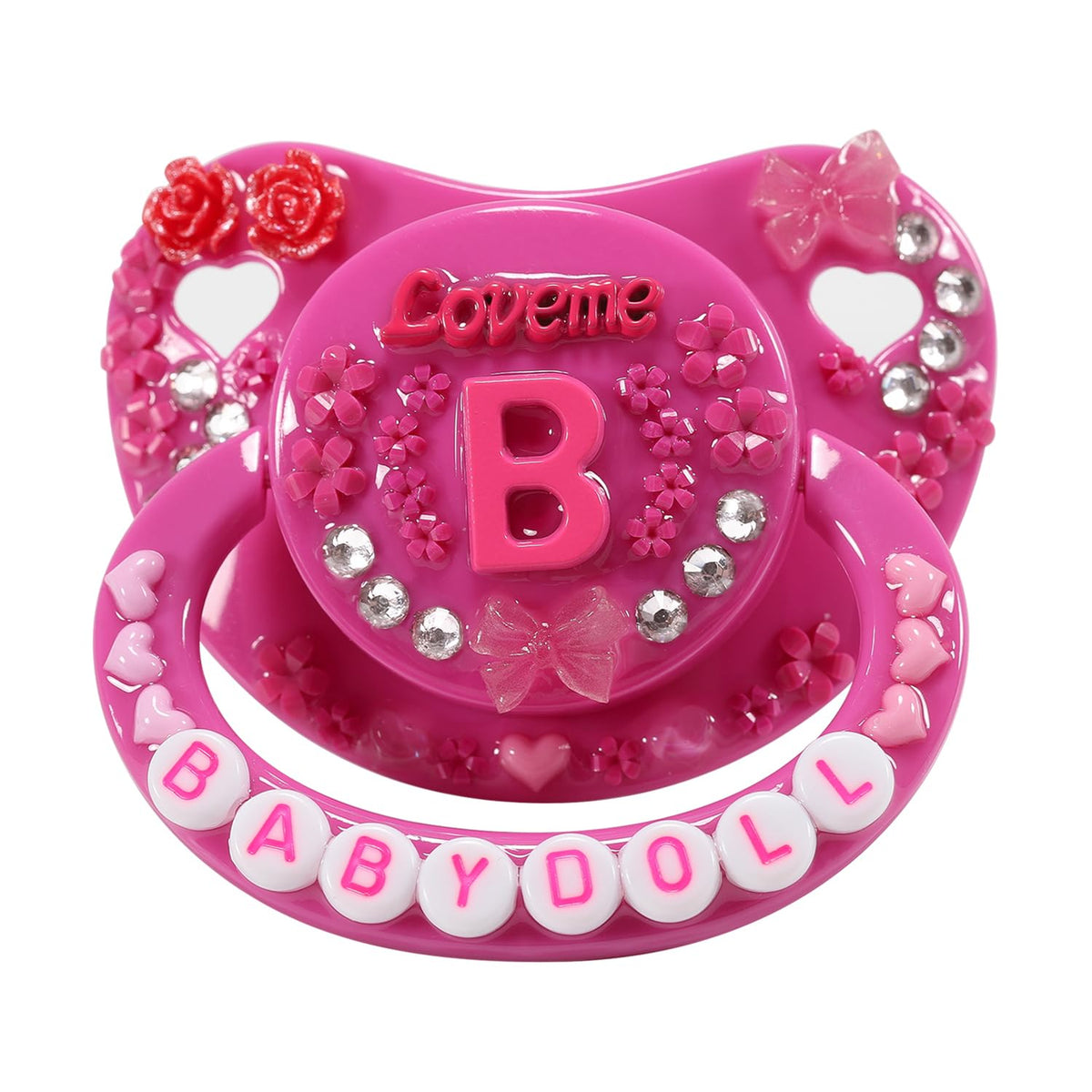 CutiePlusU adult pacifier with Baby Doll decor closeup offers playful comfort for DIY enthusiasts.
