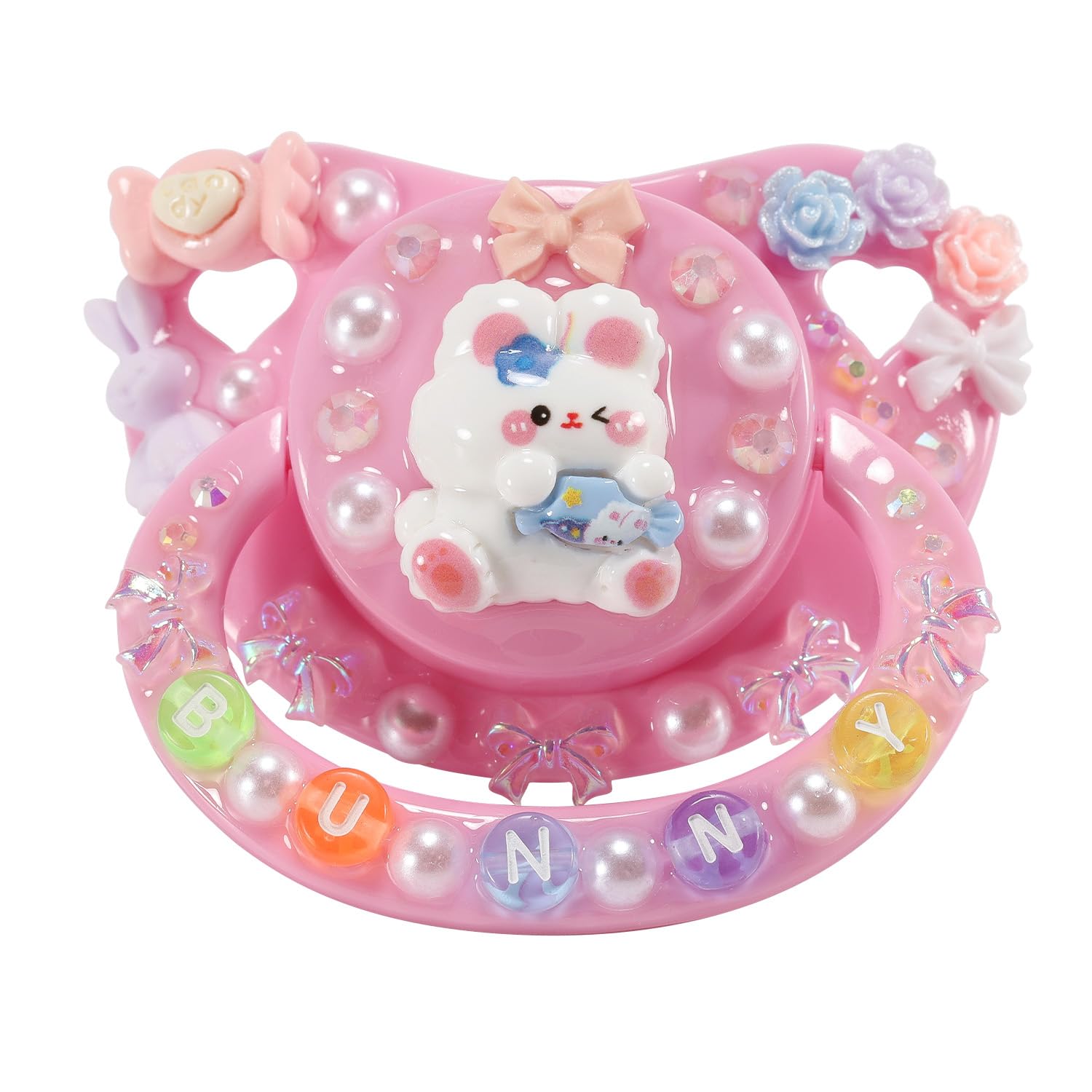 CutiePlusU adult pacifier bunny-pink close-up showing soft silicone teat for soothing comfort.