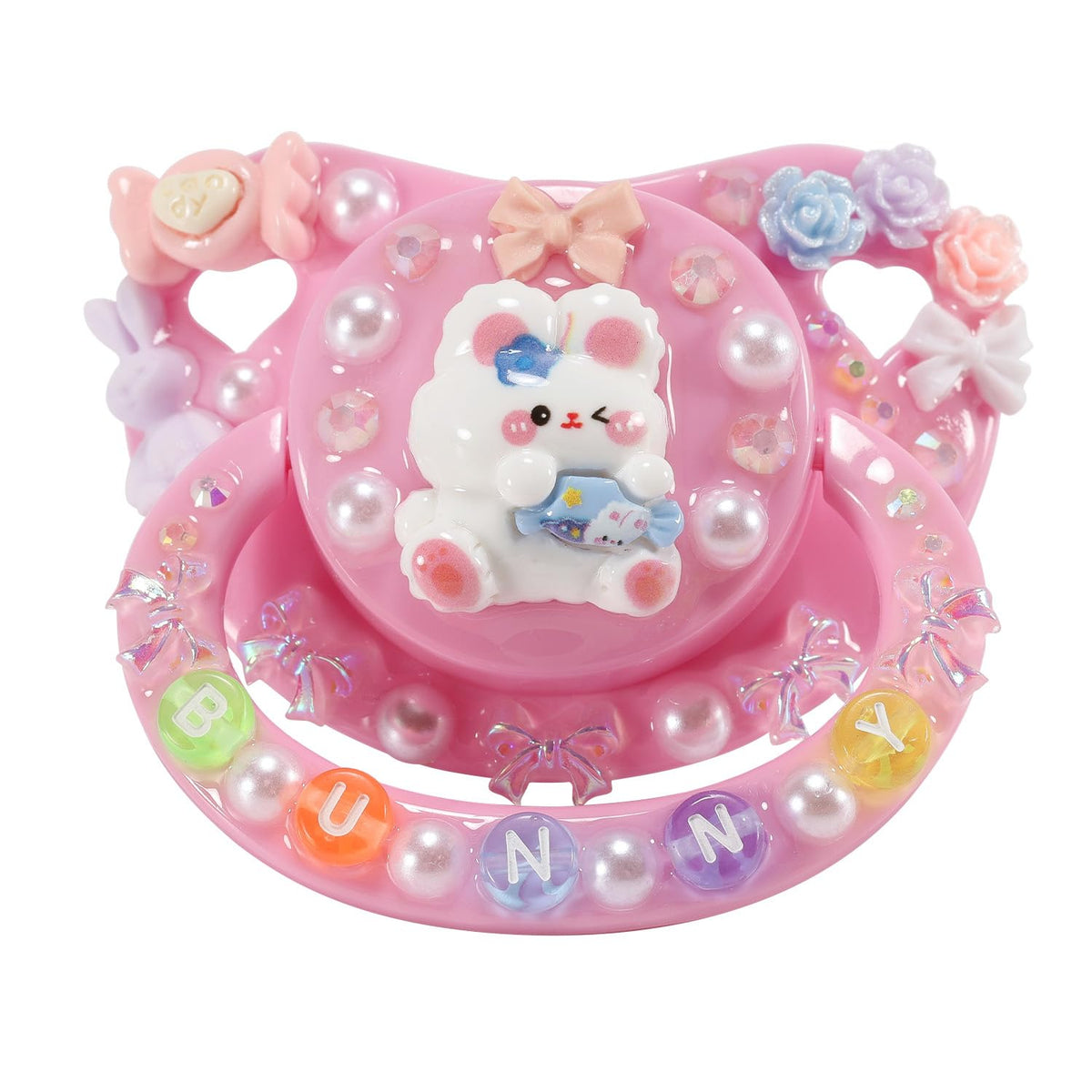 CutiePlusU adult pacifier bunny-pink close-up showing soft silicone teat for soothing comfort.