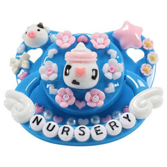 CutiePlusU adult pacifier dark blue bottle closeup for soothing comfort.