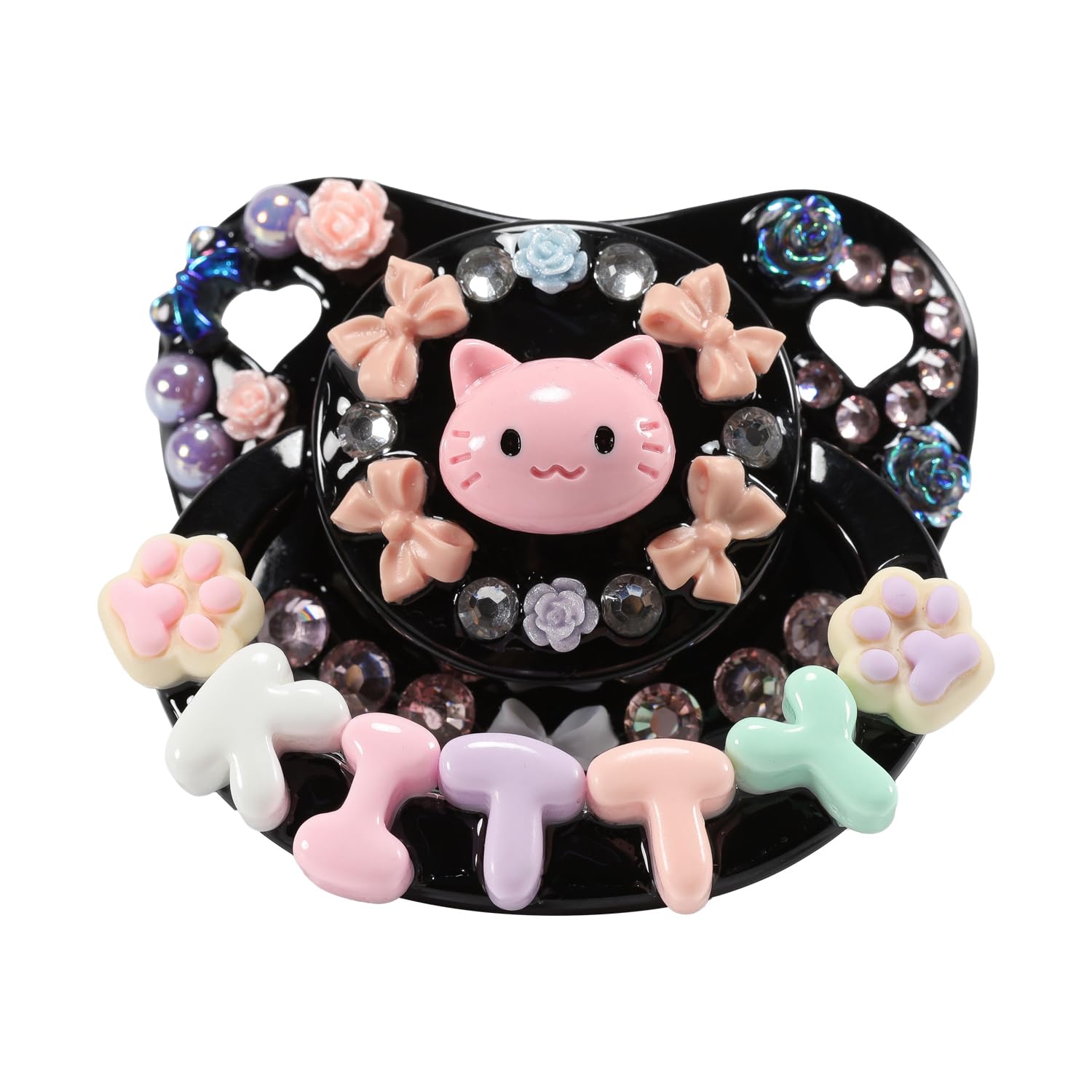 CutiePlusU adult pacifier kitty-black closeup for sensory comfort.