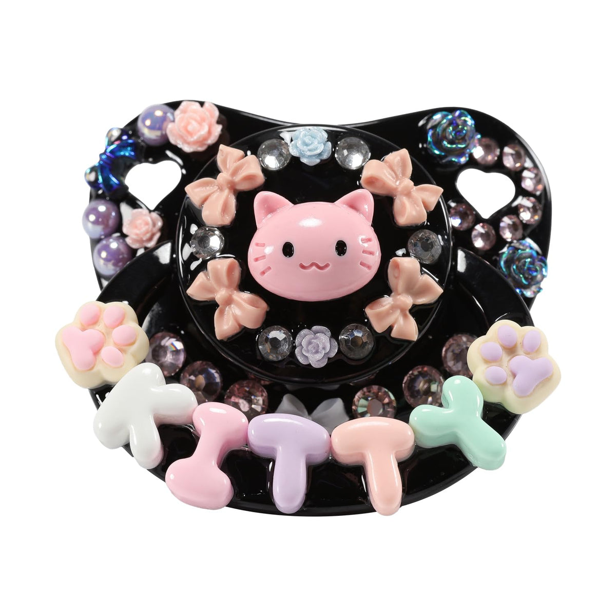 CutiePlusU adult pacifier kitty-black closeup for sensory comfort.