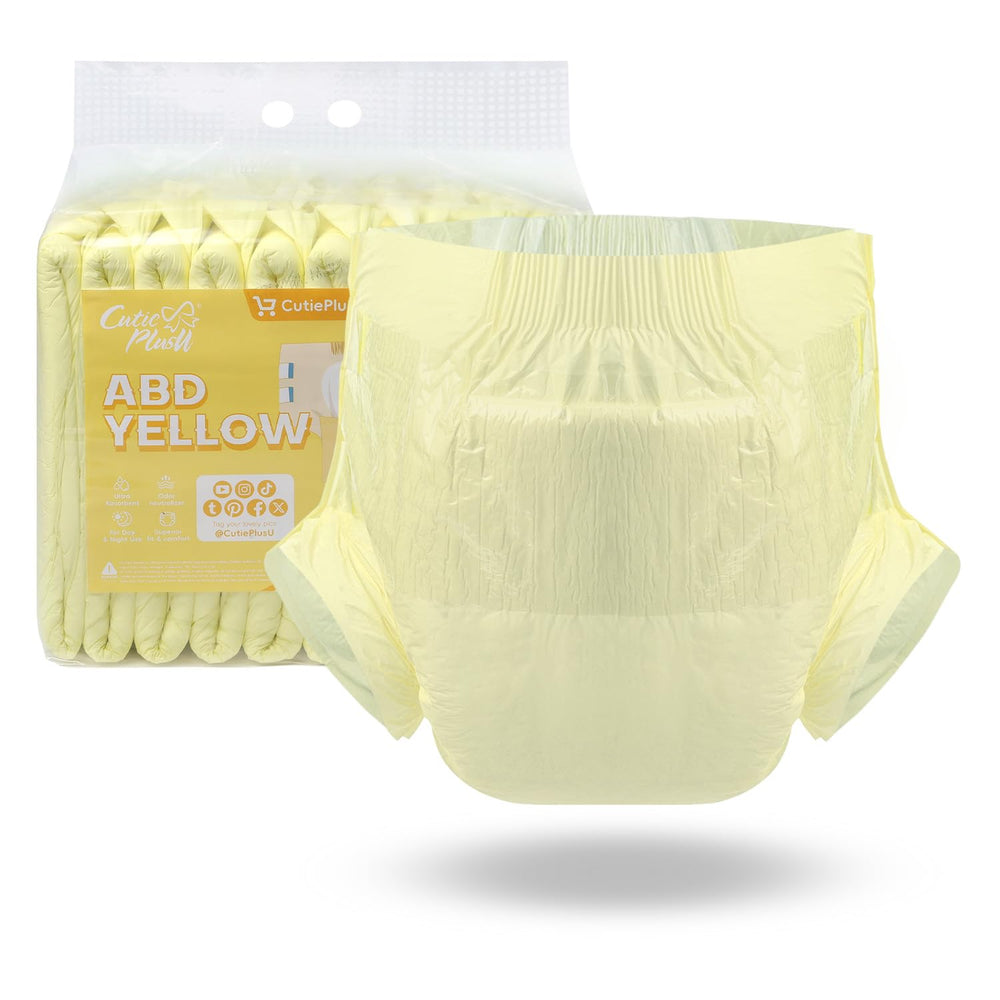 CutiePlusU disposable adult diaper yellow pack showing all night protection in a discreet package