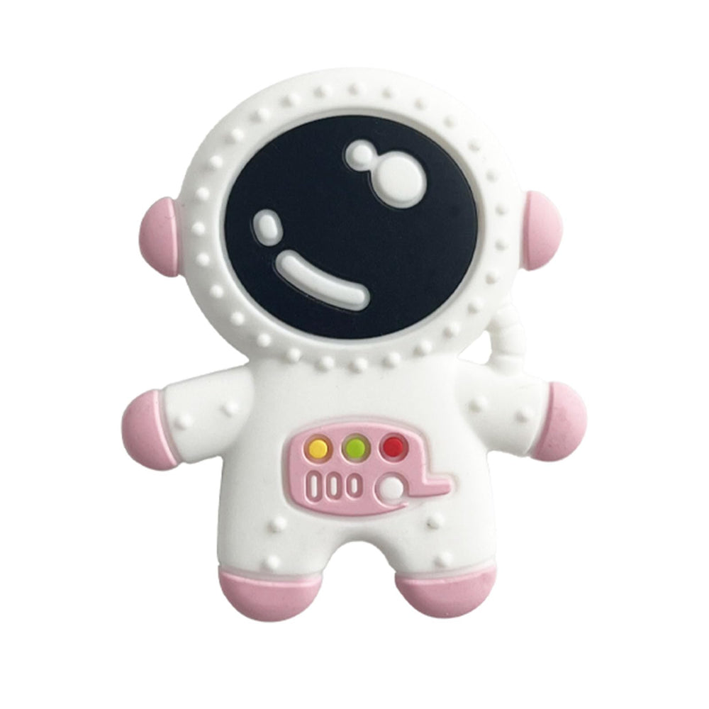 Cuxnoo Baby Teething Spaceman Toy pink front view eases gum discomfort for infants.