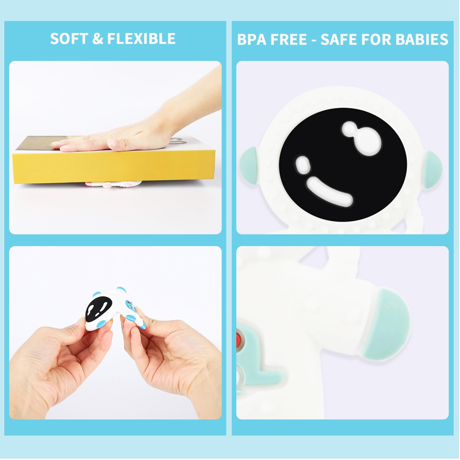 Cuxnoo Baby Teething Spaceman Toy pink in-hand view highlights easy grip for tiny hands.
