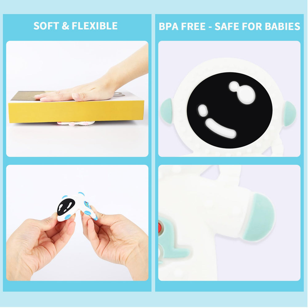 Cuxnoo Baby Teething Spaceman Toy pink in-hand view highlights easy grip for tiny hands.