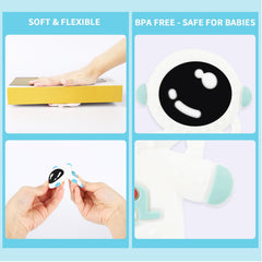 Cuxnoo Baby Teething Spaceman Toy pink in-hand view highlights easy grip for tiny hands.