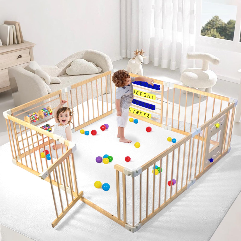 CYacan wooden baby playpen grows with baby providing a versatile activity center.