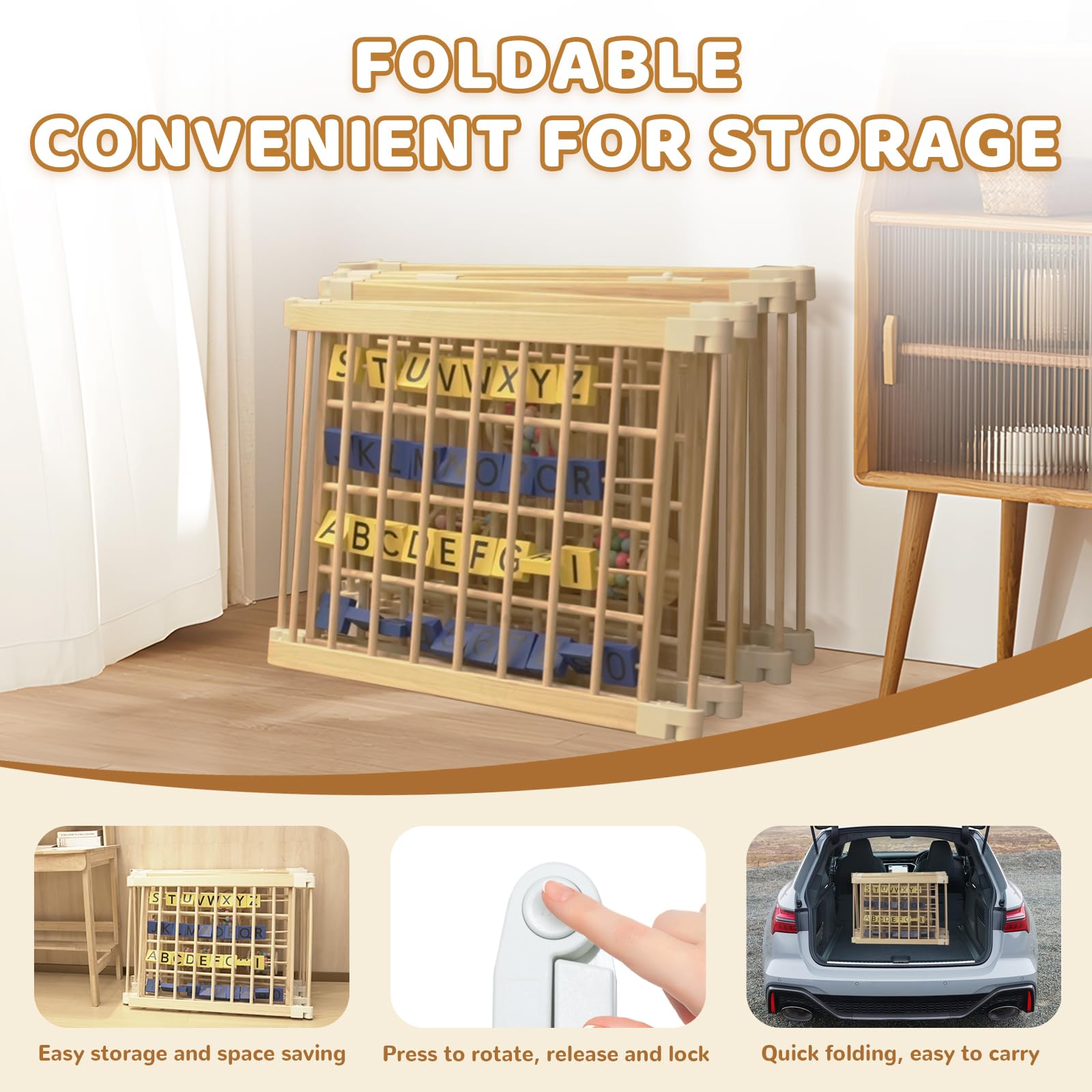 CYacan wooden baby playpen modular shape enables flexible play area in small spaces.