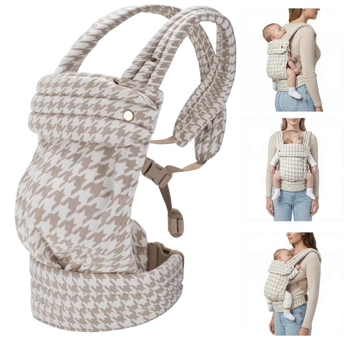 CycleMore ergonomic baby carrier in houndstooth close-up shows durable daily wear.