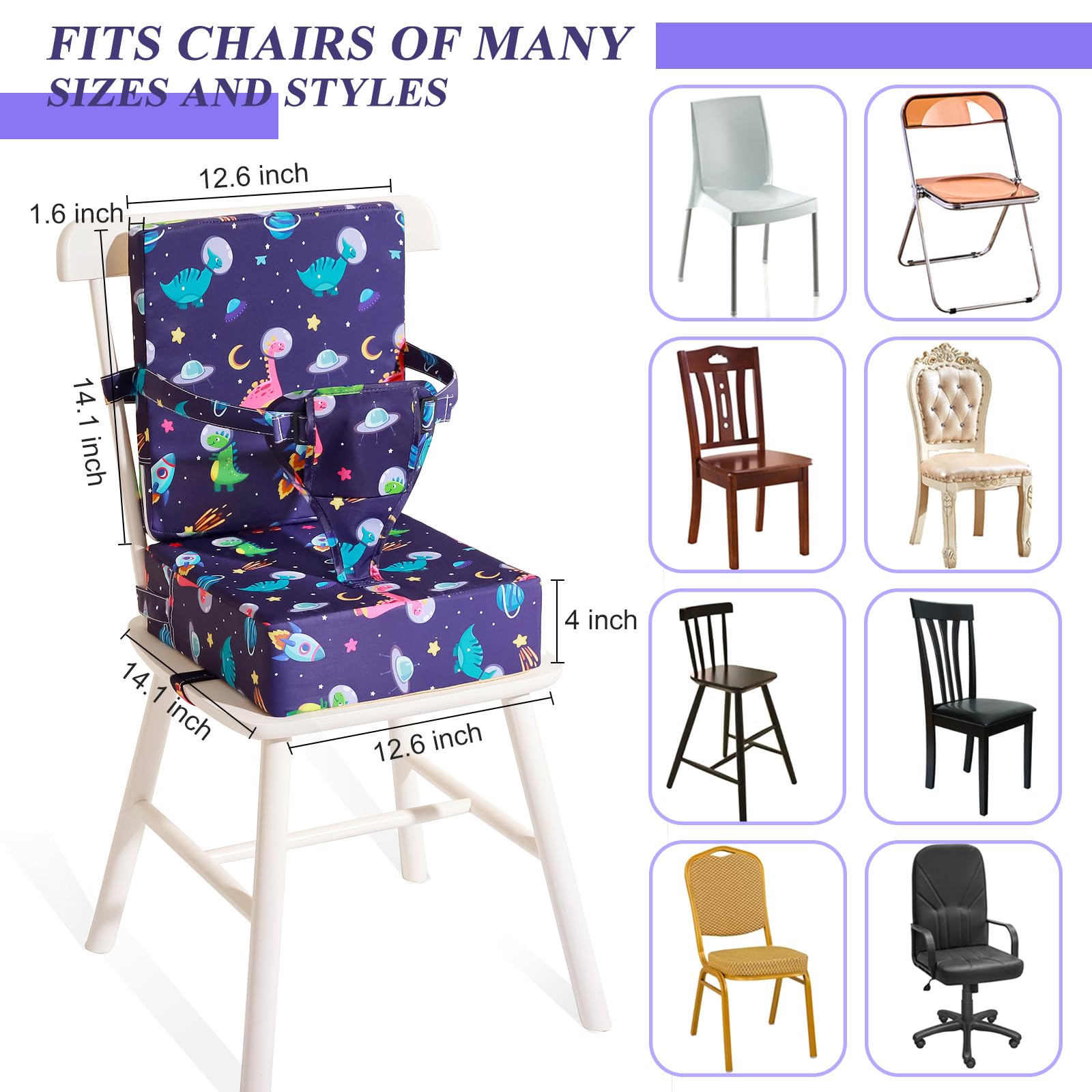 Czrrzl Toddler Booster Seat shows adjustable straps securing to chairs for stability.