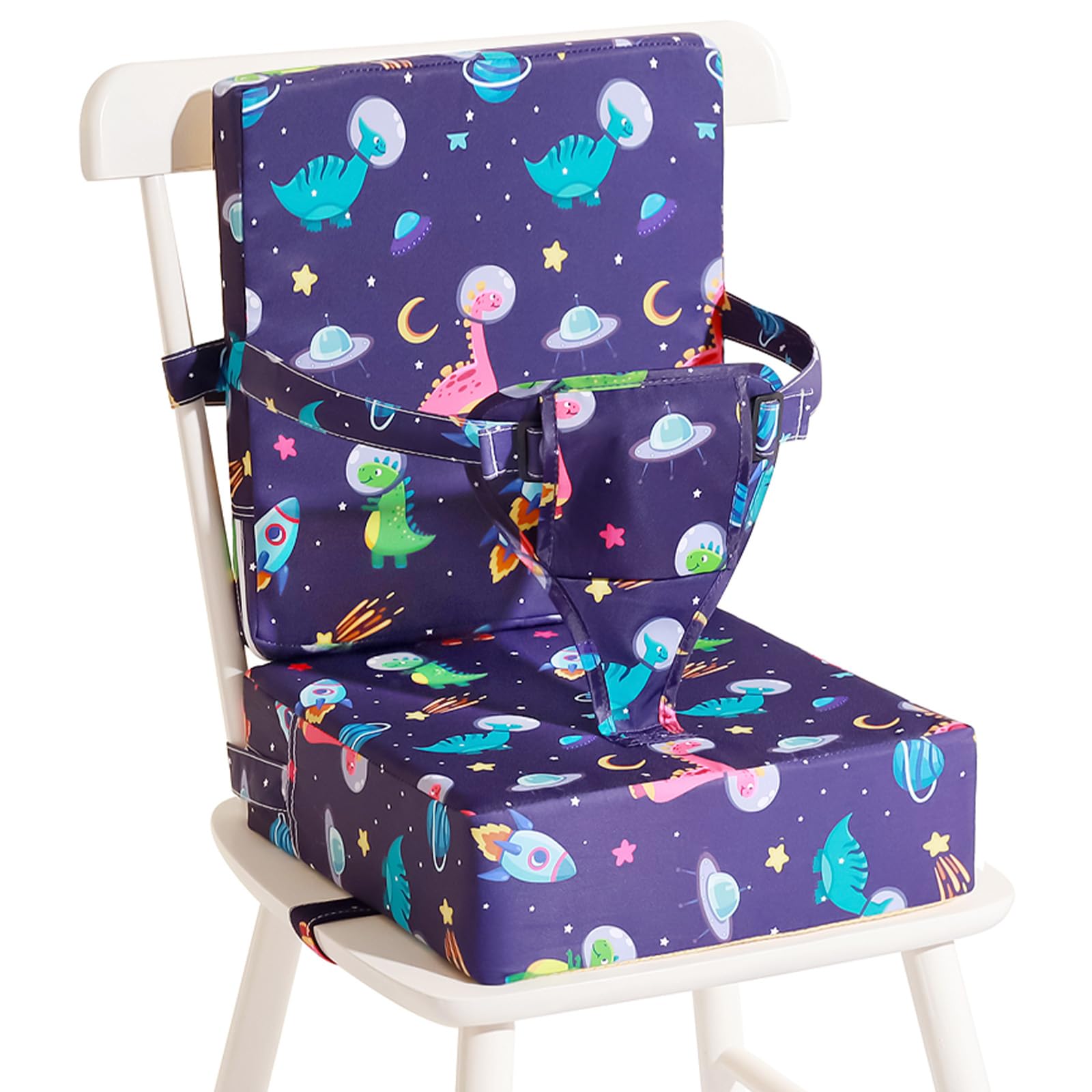 Czrrzl Toddler Booster Seat with backrest on dining chair for added safety.