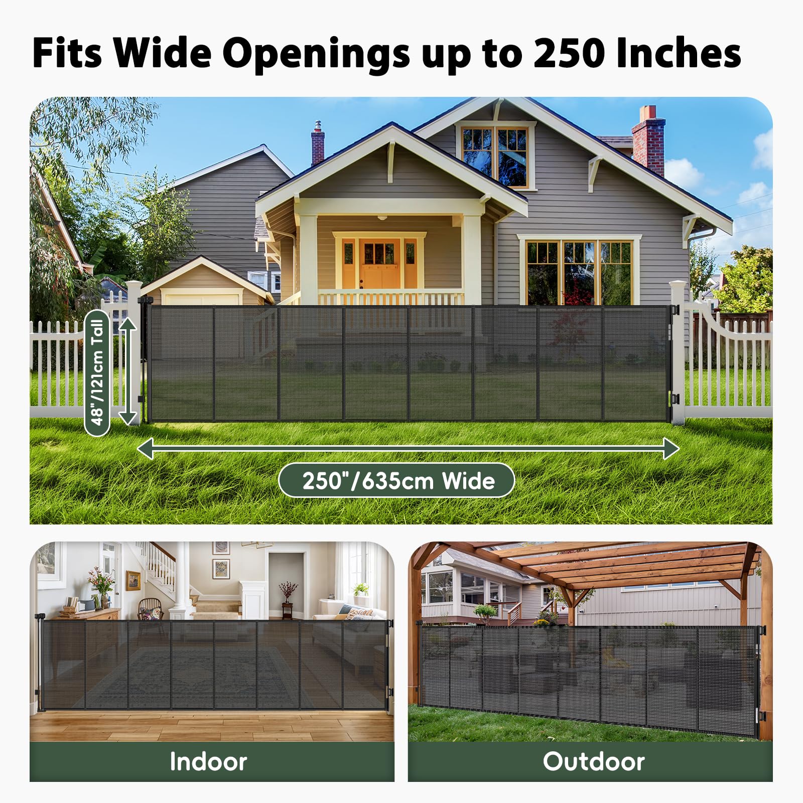 Dabormi 250-inch retractable gate extended-length suits large doorways indoors and outdoors.