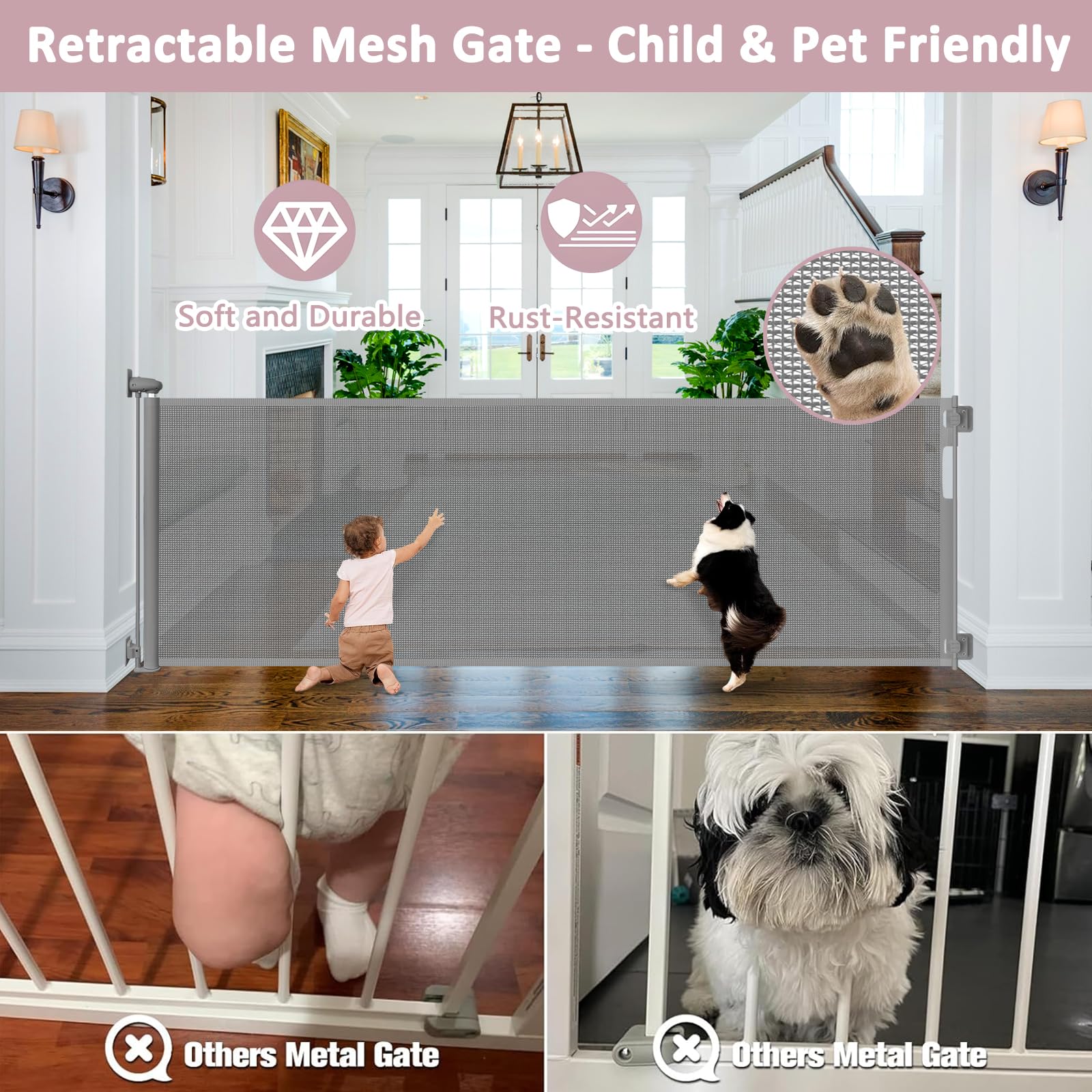 Dabormi floor adhesive hooks secure the bottom to prevent under-crawling by pets.