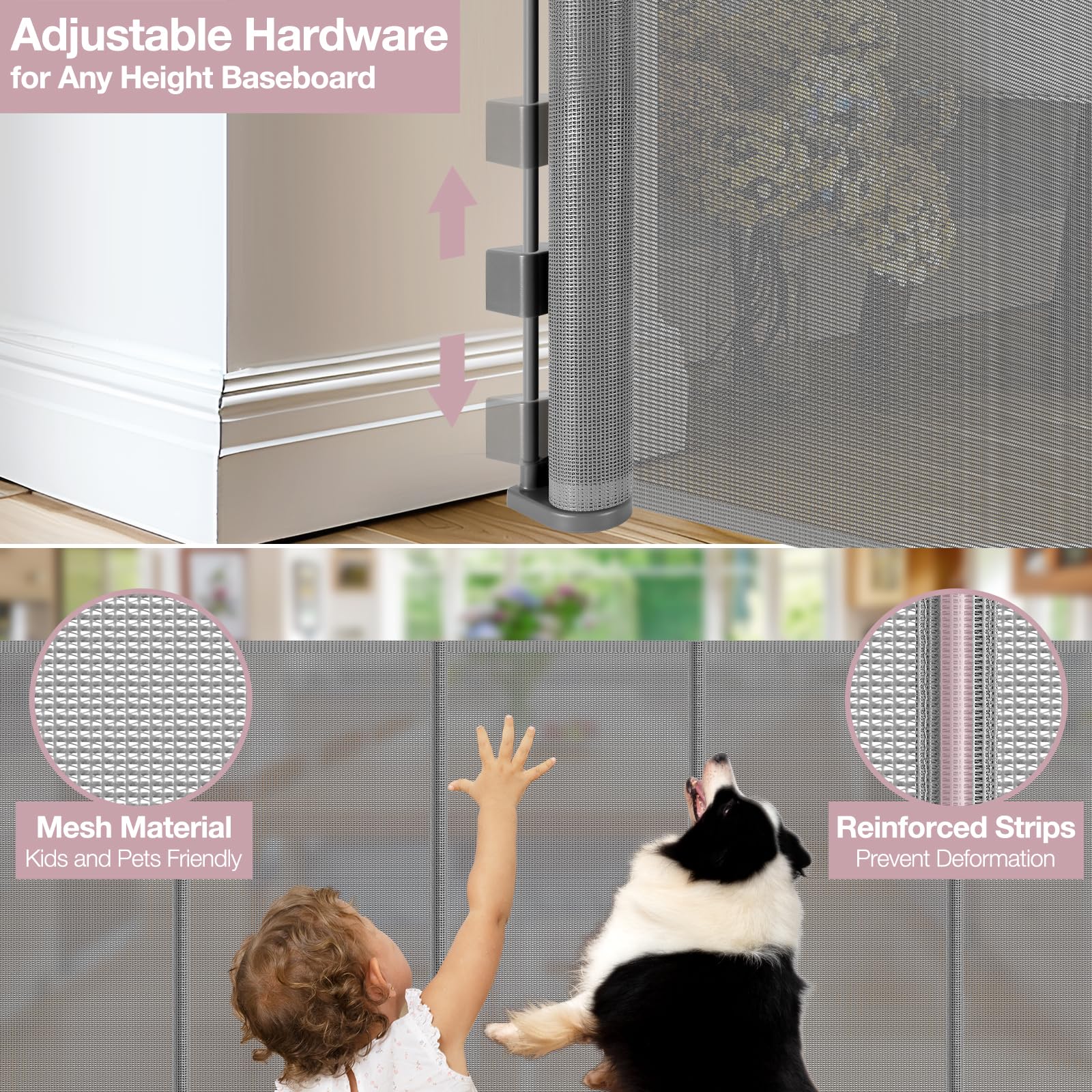 Dabormi reinforced 72-wide gate baseboard-install compatible for flexible placement