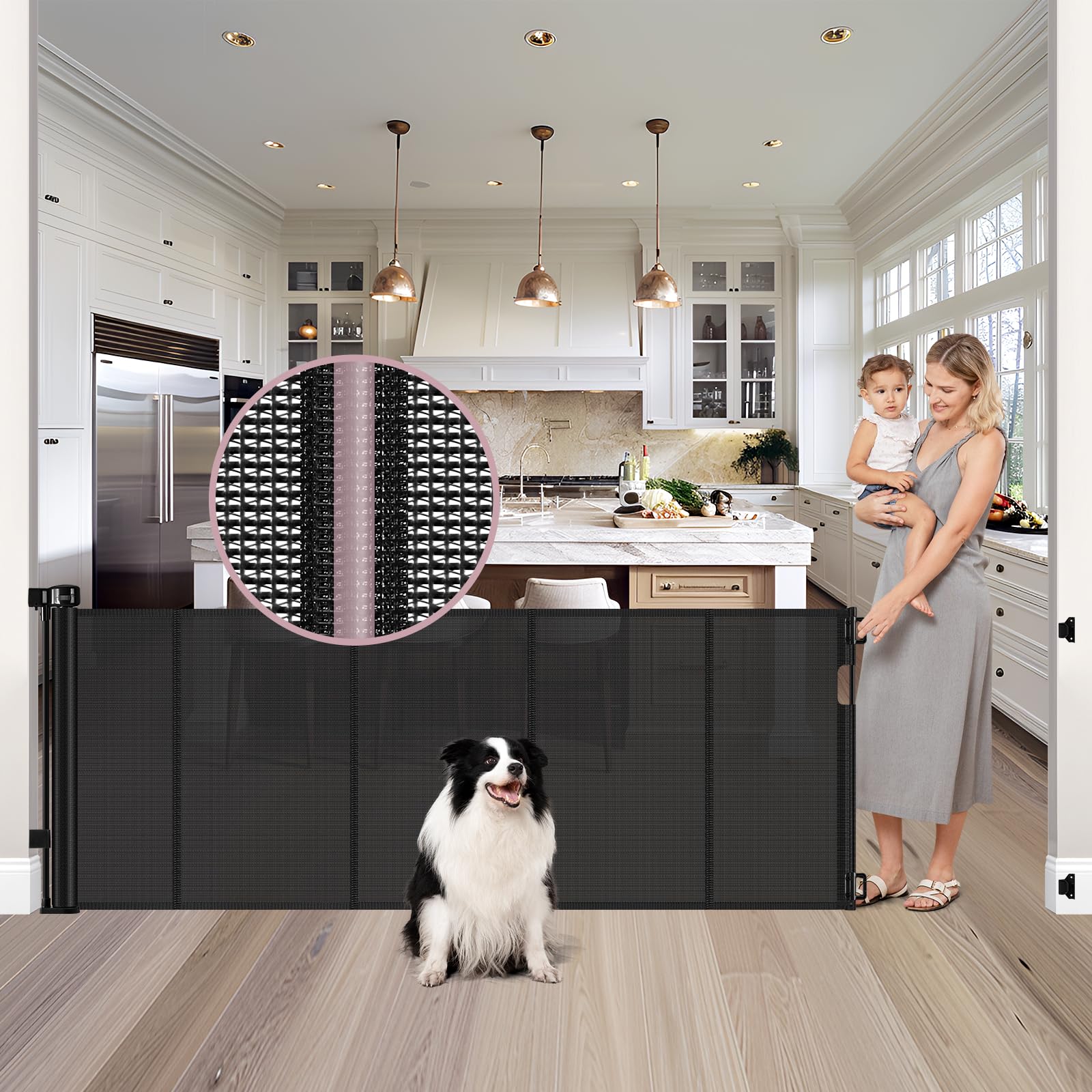 Dabormi reinforced 72-wide gate extended across a doorway for safe containment of babies and pets.