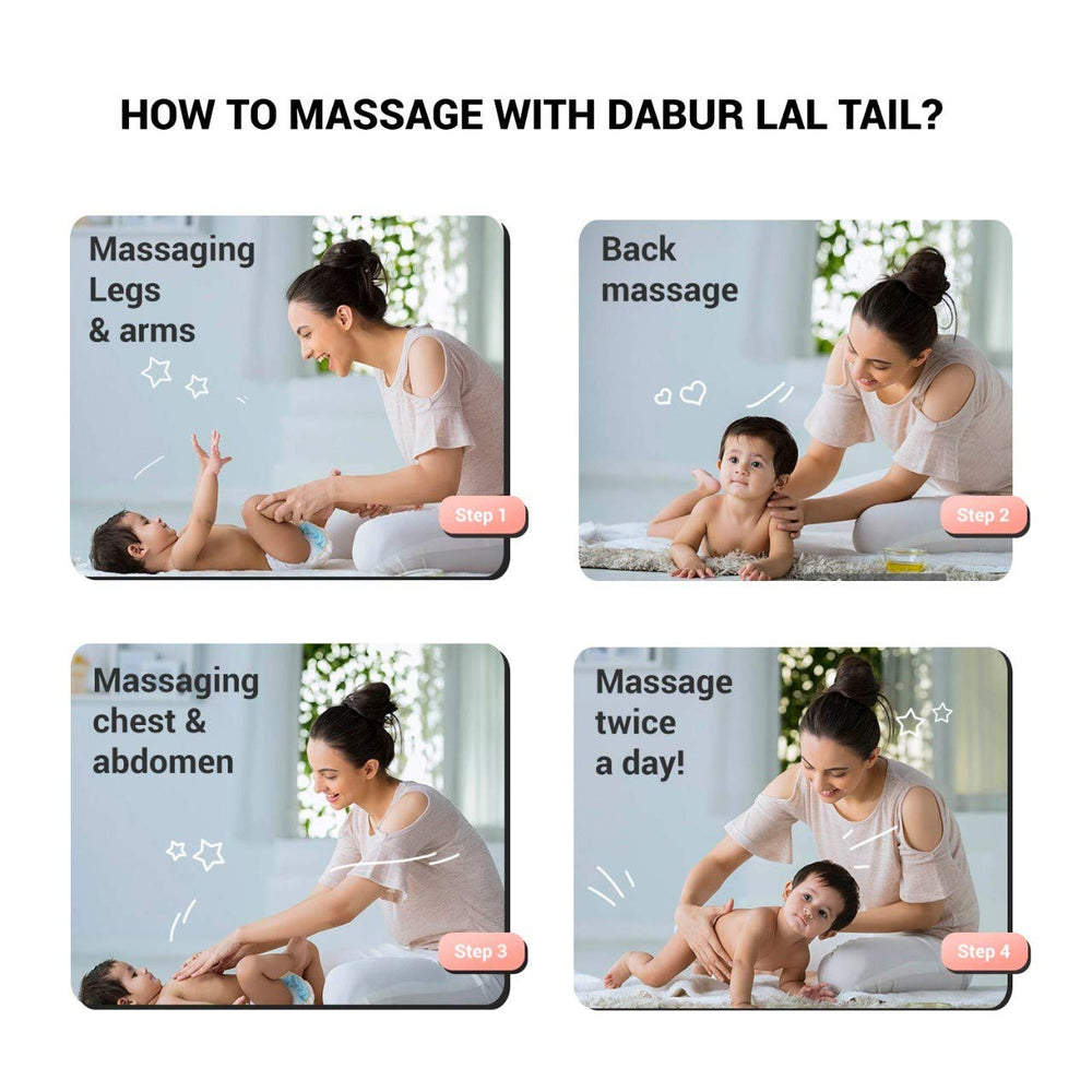 Dabur Lal Tail skincare benefits for soft, moisturized baby skin during routine massage.