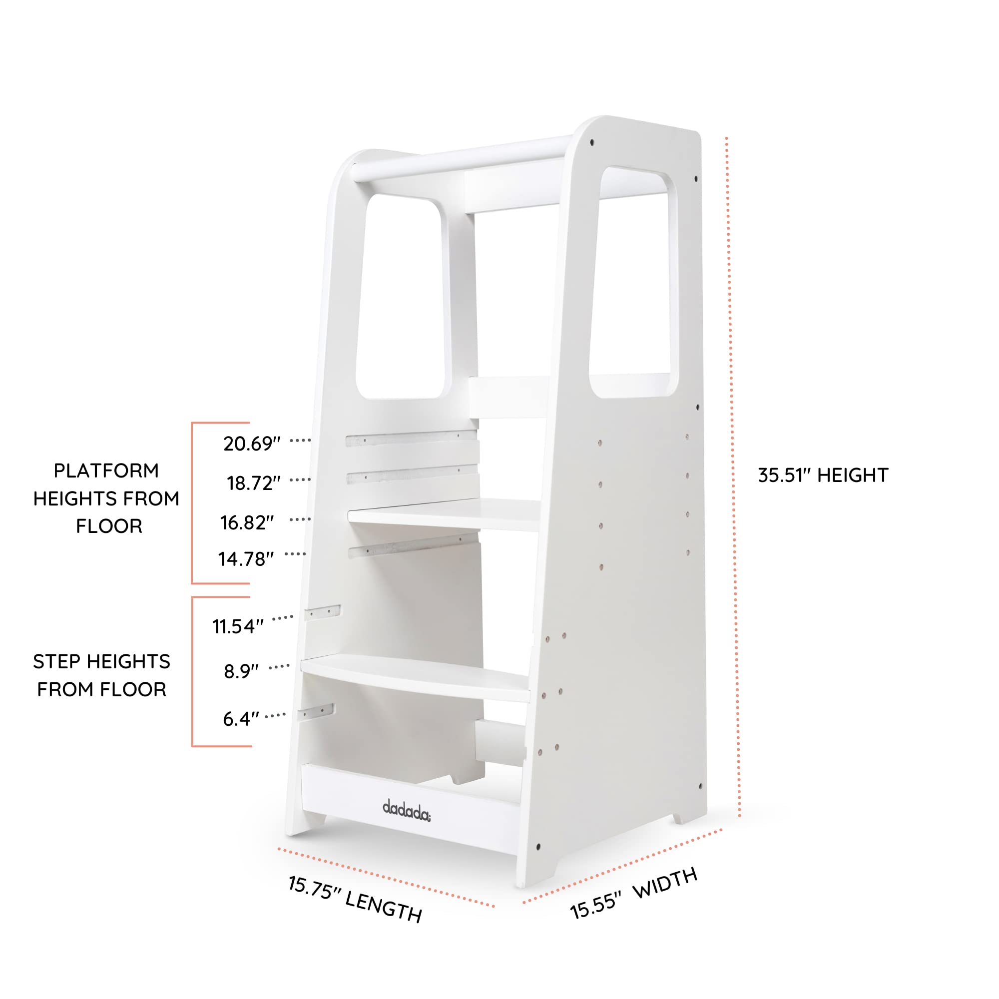 dadada Baby Montessori Tower safety-rail closeup emphasizes added support