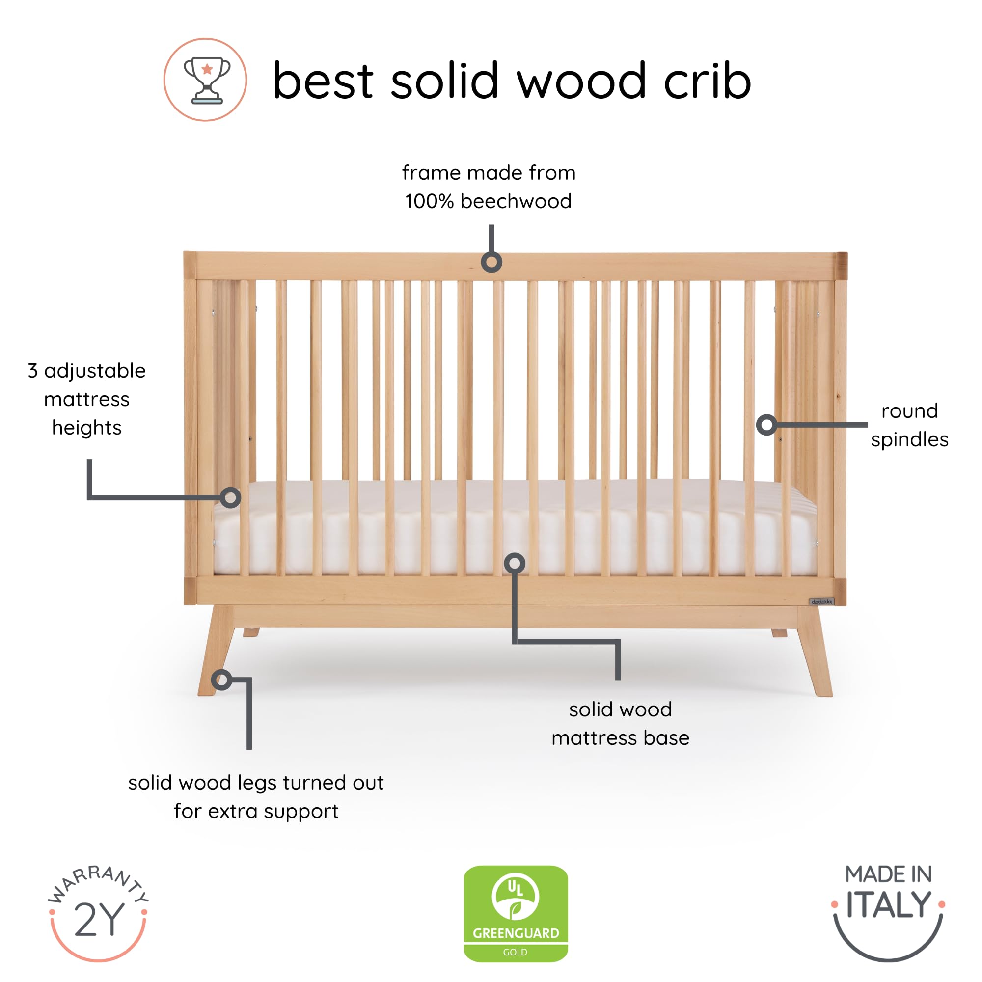 Dadada Soho crib features baby-safe, non-toxic finish for nurseries.