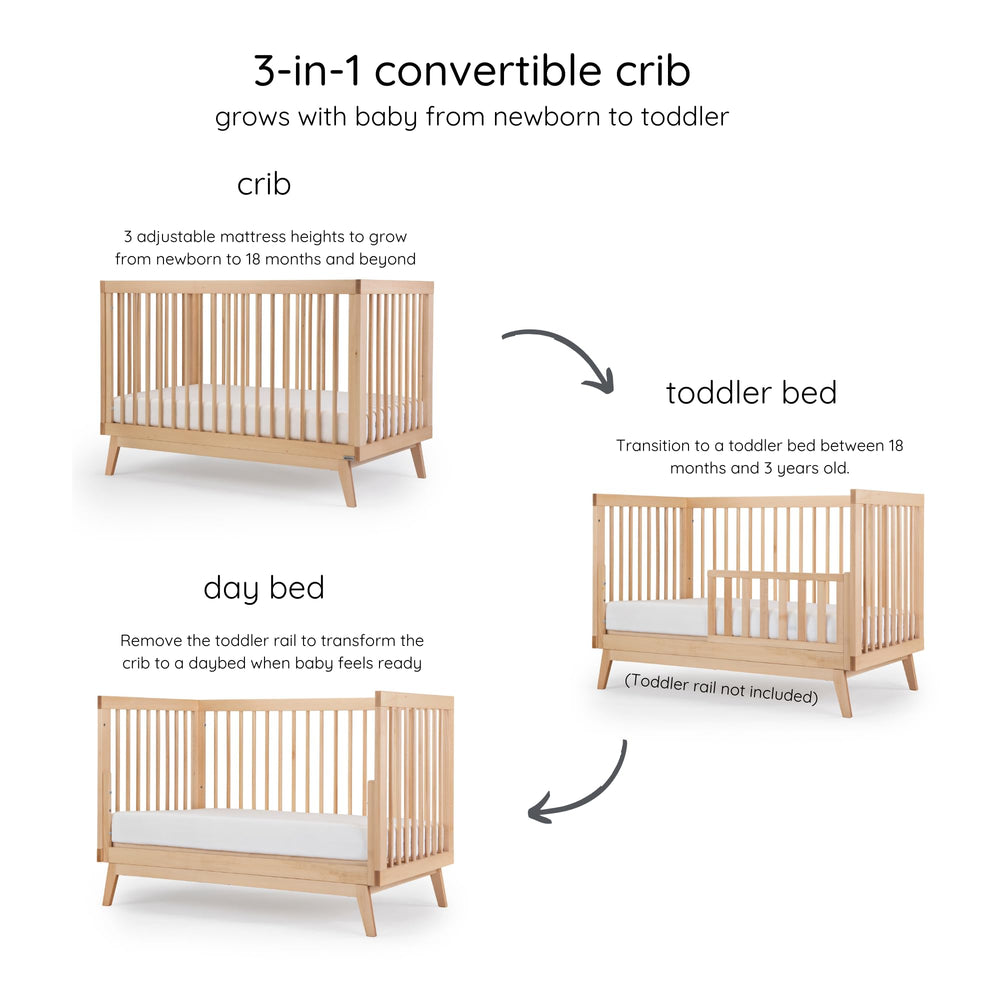 Dadada Soho crib shown converting to toddler bed for 3-in-1 versatility.