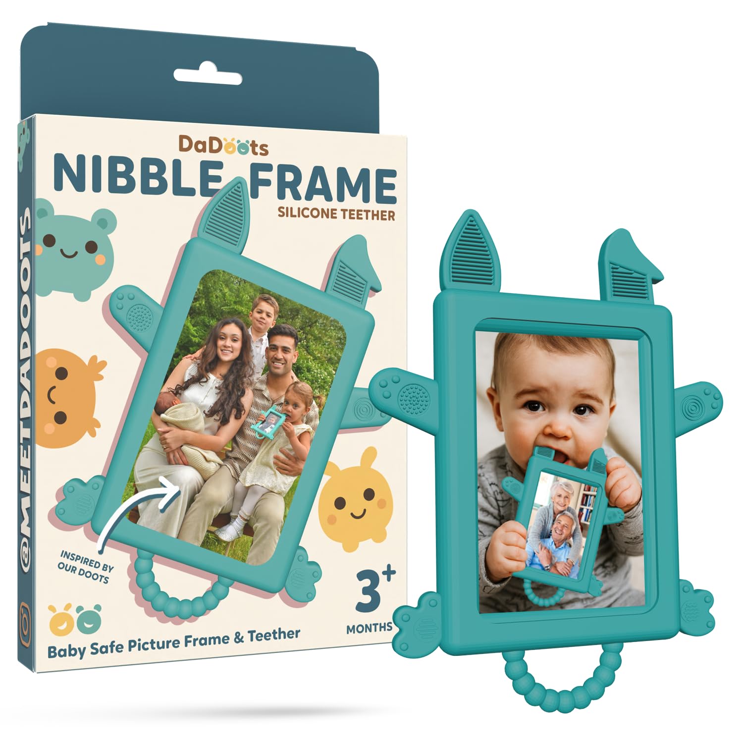 Dadoots Nibble Frame silicone-teether soothes gums on the go.