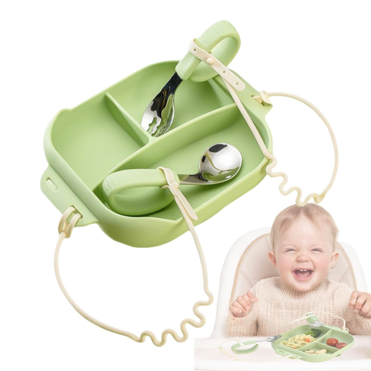 DAECHAO silicone suction plate with spoons keeps meals in place for little eaters.