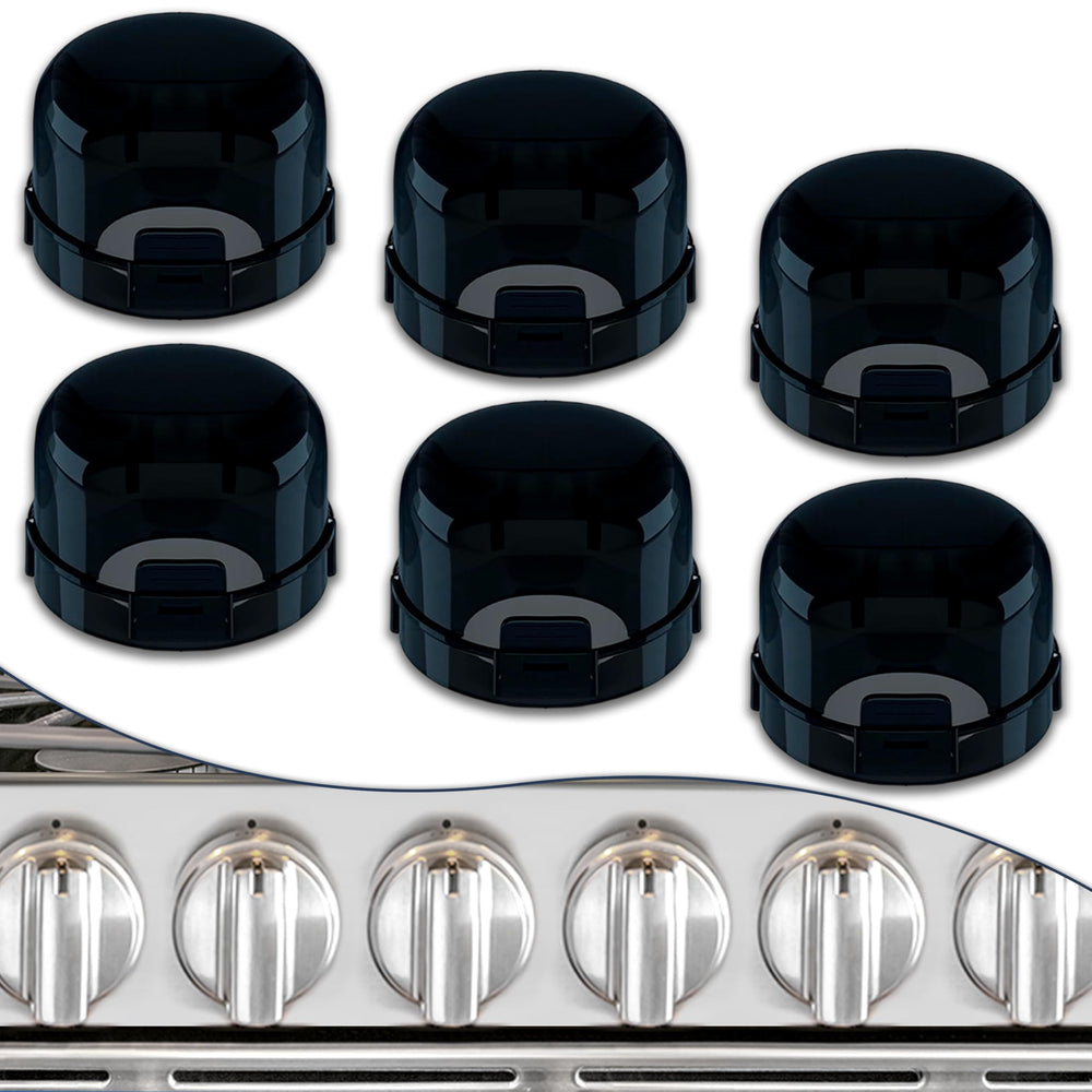 DAFUWENG 6-pack stove knob covers mounted on a gas stove for child safety.