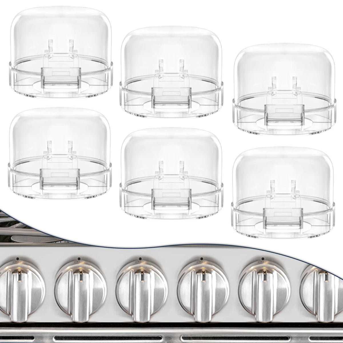 DAFUWENG 6-pack knob covers on the stove for childproofing and safer cooking.