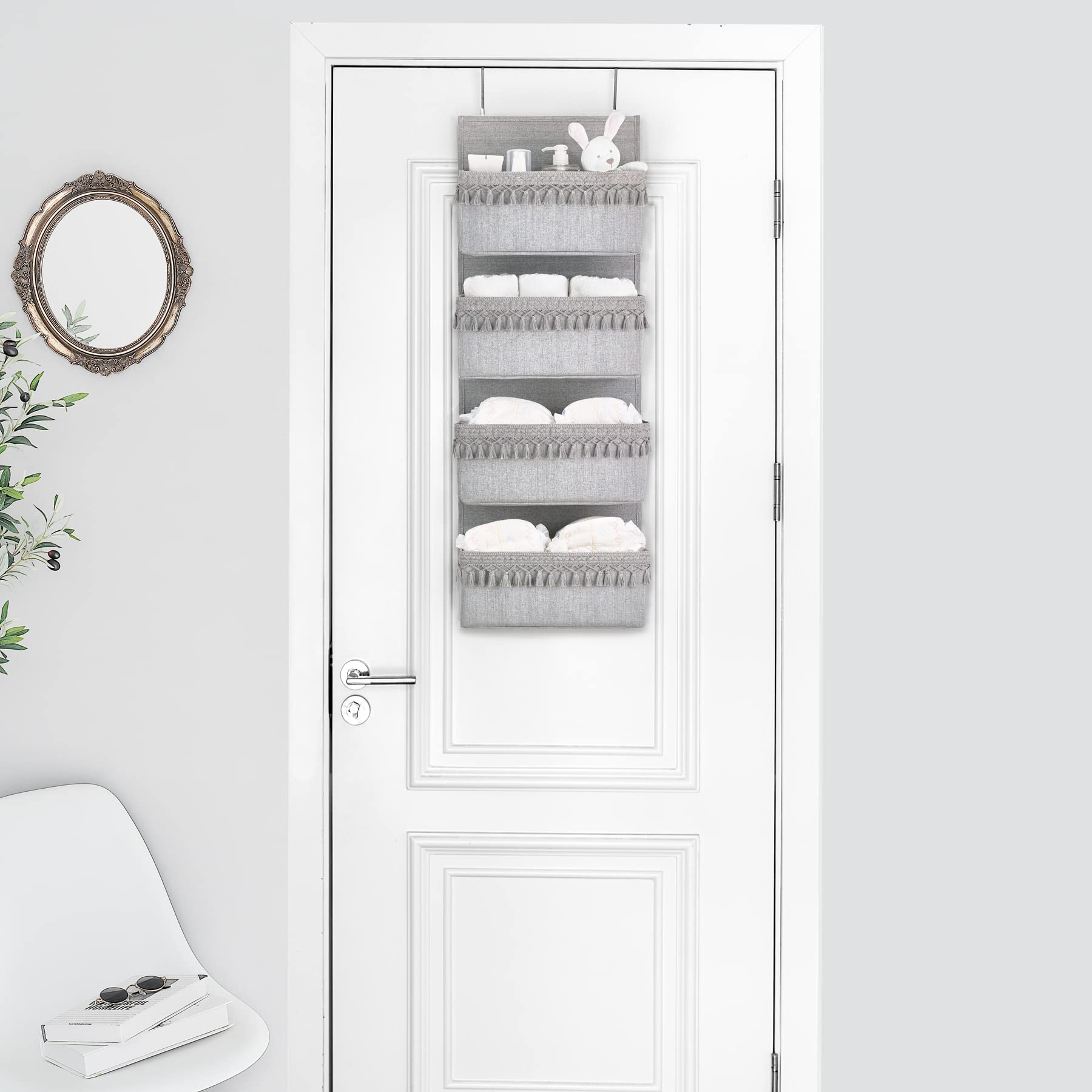 Dahey boho nursery storage on door keeps baby essentials neatly within reach.